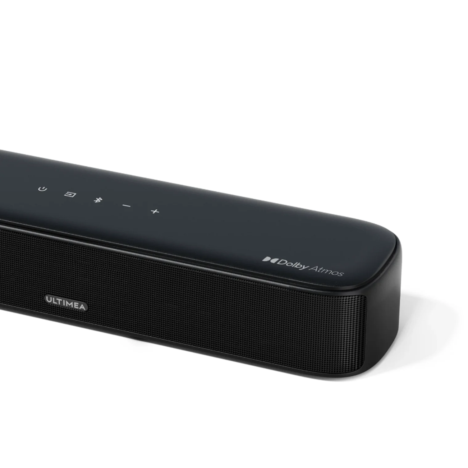 Een zwarte soundbar met de merknaam 'ULTIMEA'. Het heeft bedieningsknoppen en het Dolby Atmos-logo.