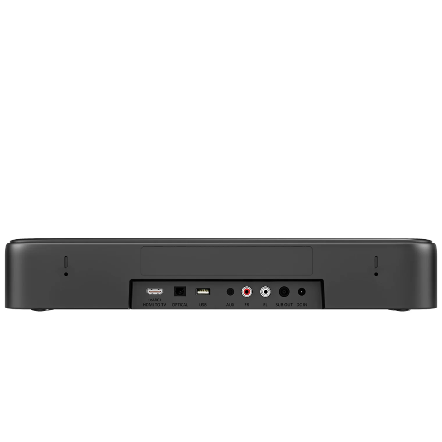 Een donkergrijze soundbar met verschillende input/output poorten, gelabeld met HDMI, USB, AUX. Indicatoren voor stroom en andere functies zijn zichtbaar.