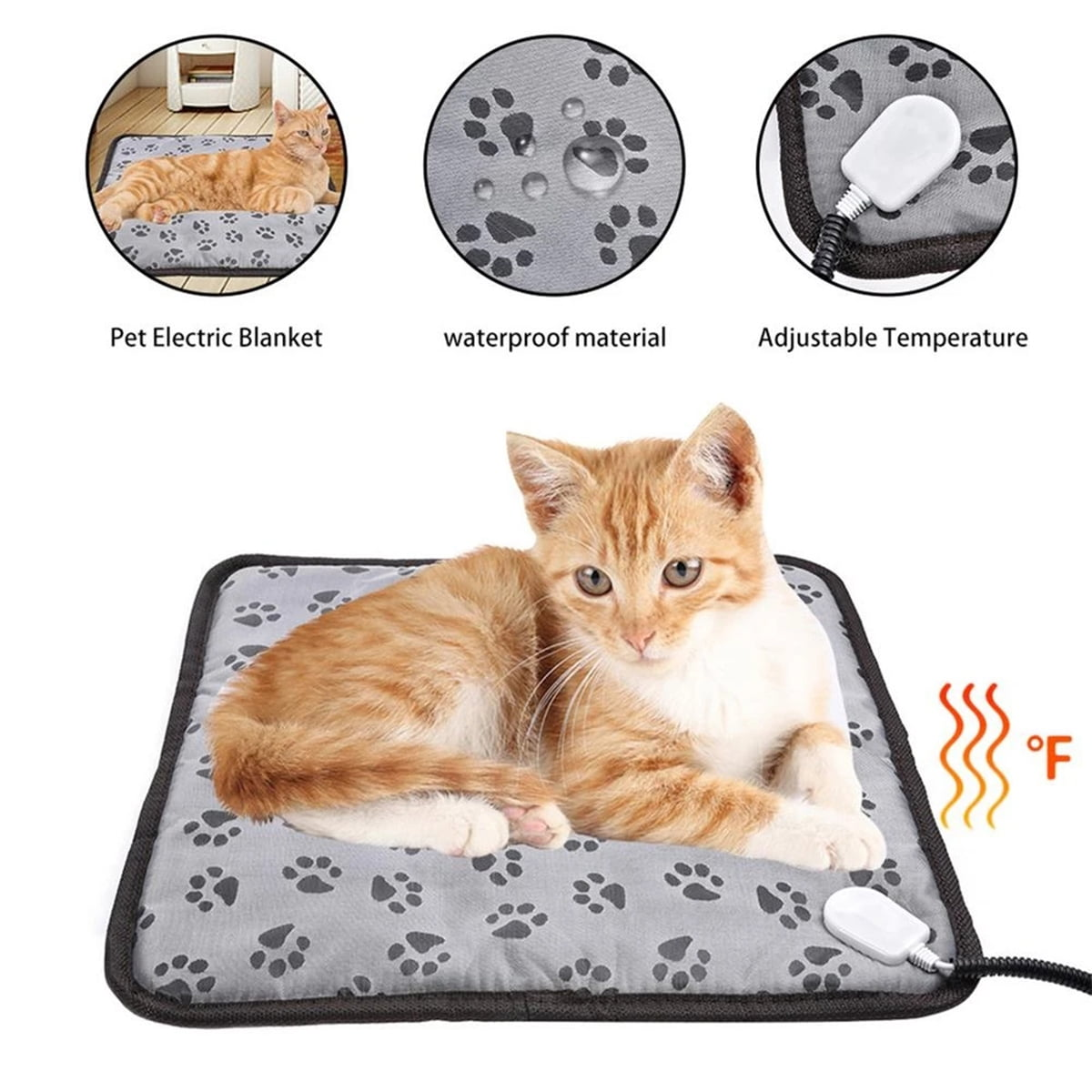Eine orange Katze liegt auf einer grauen Tierheizmatte mit Pfotenabdrücken. Das Pad hat ein Netzkabel und eine einstellbare Temperatur.