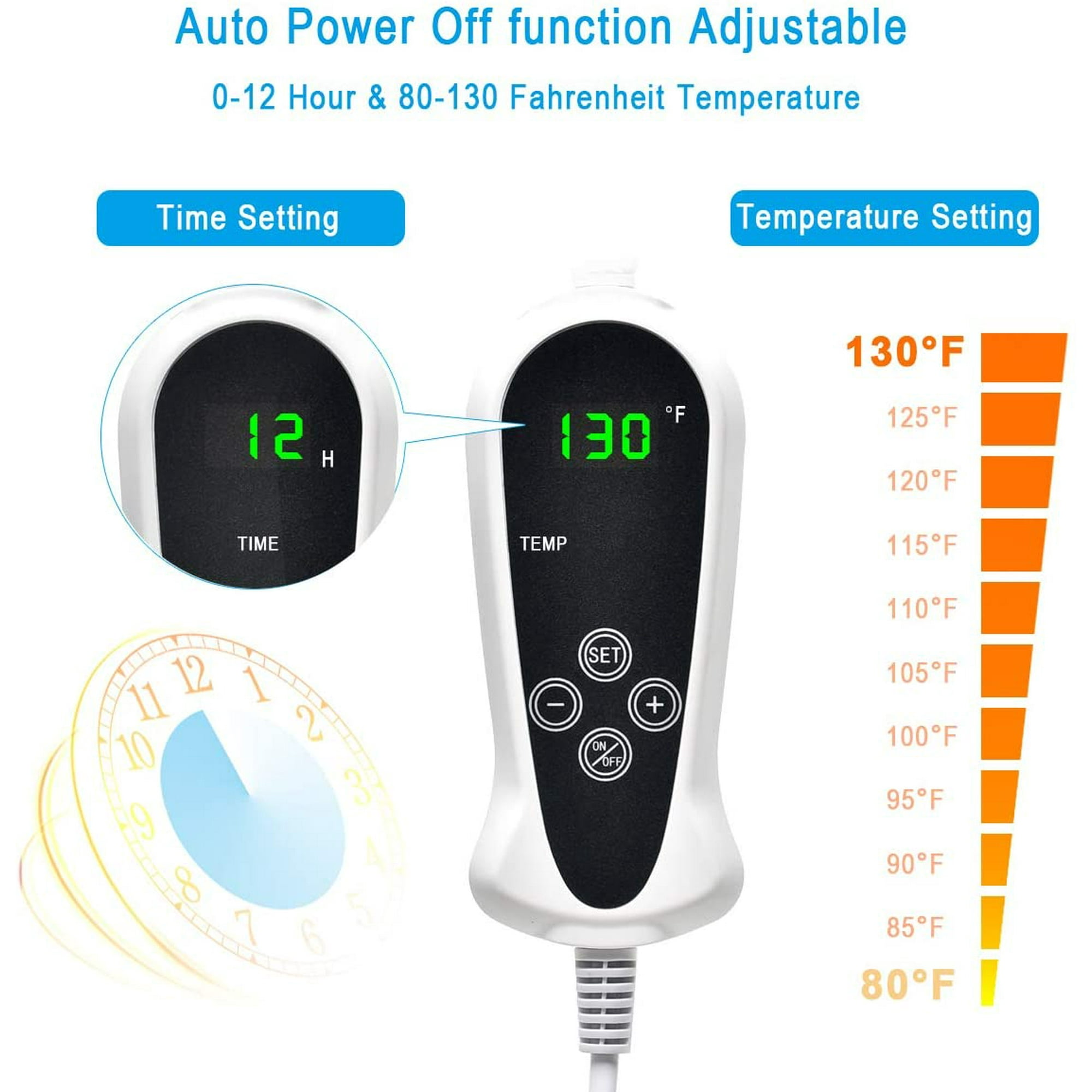 Ein weißer Heizkissen-Controller mit Zeit- und Temperatureinstellungen. Eine Uhr zeigt die Zeit. Temperaturspanne wird angezeigt.