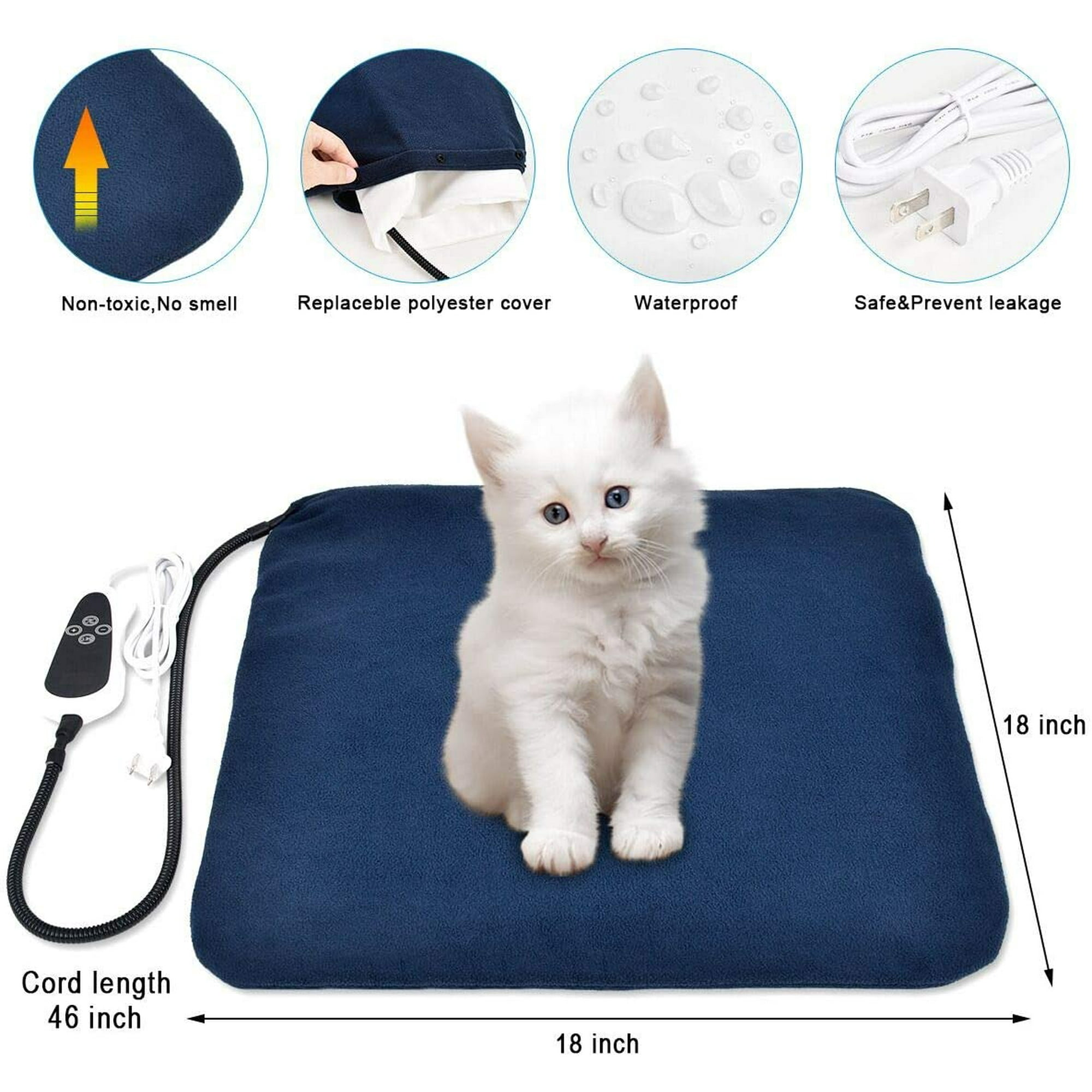 Eine weiße Katze sitzt auf einem blauen Heizkissen. Beschreibungen von Sicherheitsmerkmalen sind über der Katze.