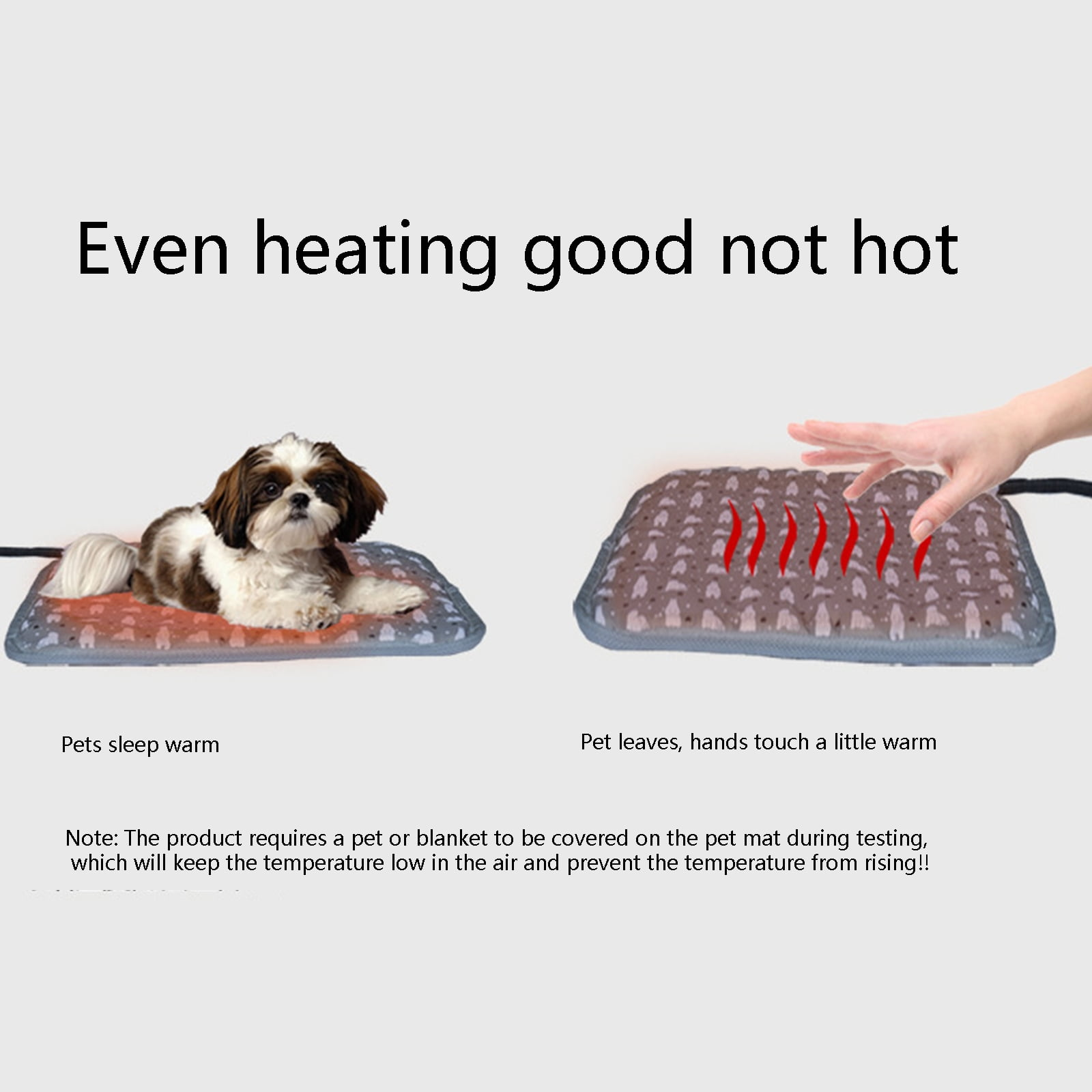Das Bild zeigt einen Hund auf einer beheizten Haustiermatte. Eine Hand berührt eine andere Matte. Text: 'Gleichmäßige Erwärmung gut, nicht heiß'.