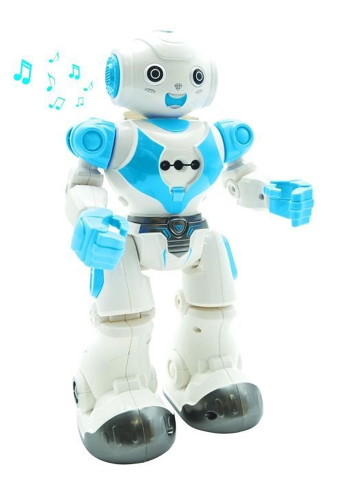 Ein weiß-blauer Roboterspielzeug mit Noten, die um ihn herum schweben. Der Roboter hat ein lächelndes Gesicht und blaue Akzente.