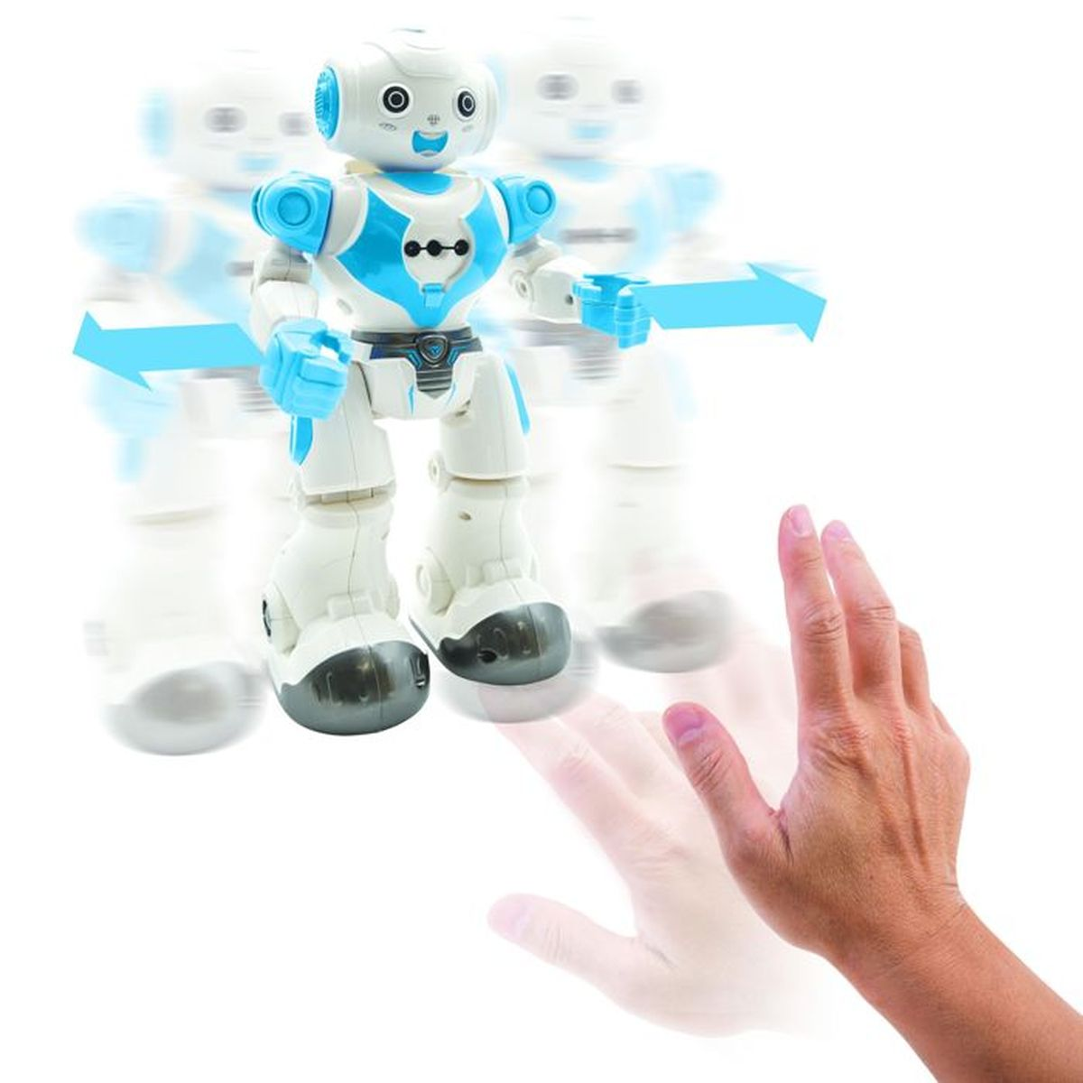 Ein weiß-blauer Roboter mit ausgestreckter Hand. Bewegungsunschärfe deutet auf Bewegung hin. Pfeile zeigen die Richtung. Weißer Hintergrund.