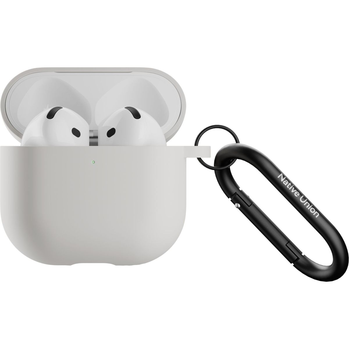 Custodia AirPods bianca aperta con due auricolari bianchi all'interno. Un moschettone nero con logo Native Union è appeso.