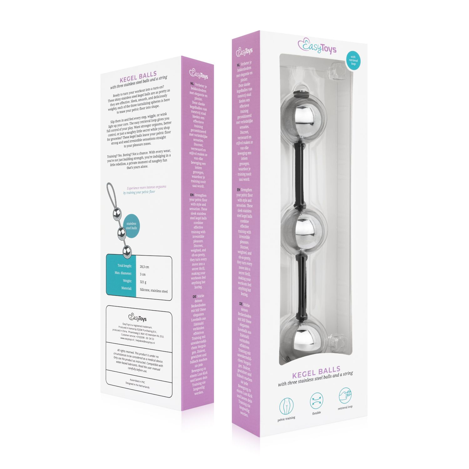 Produktaufnahme: Drei silberne Kegel-Kugeln an einem schwarzen Faden. Text und Logo auf der Verpackung.