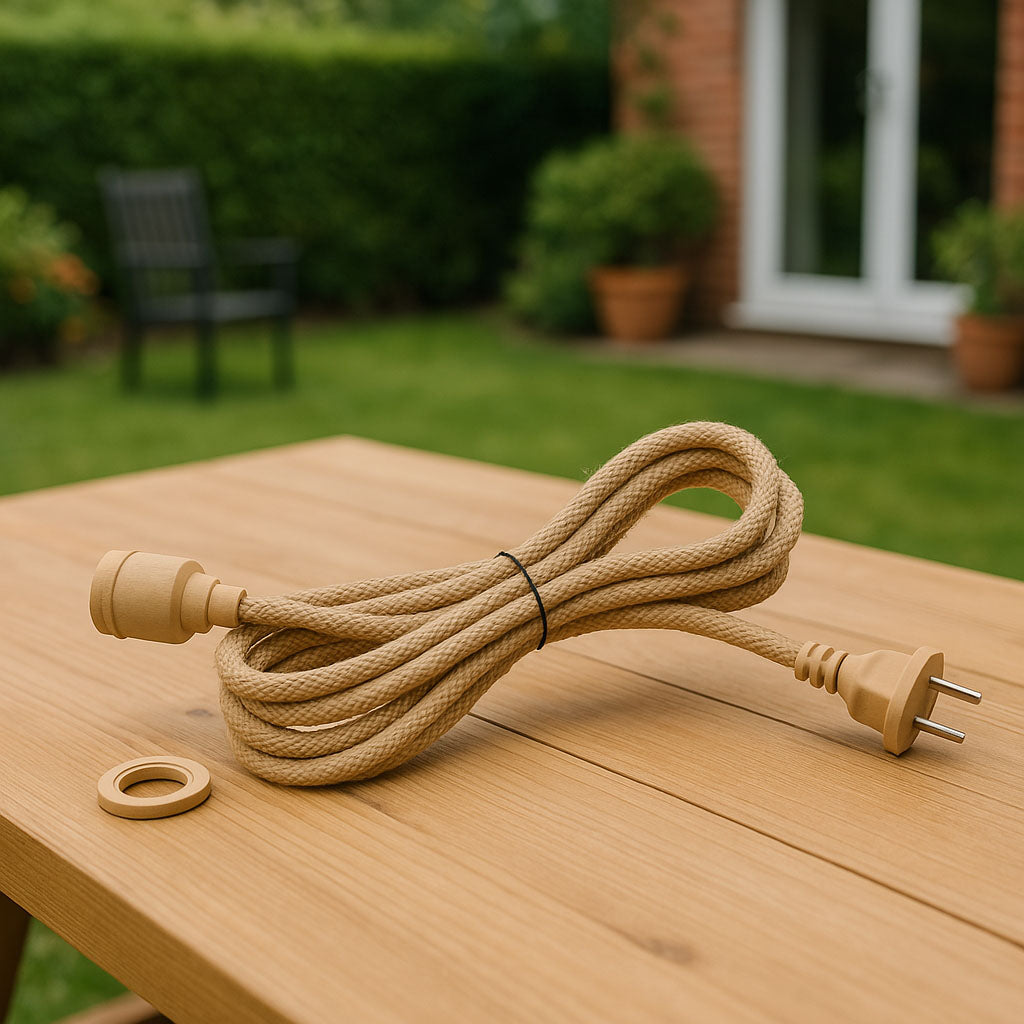 Ein beiges Seillicht liegt auf einem Holztisch. Ein Stecker und eine Steckdose sind sichtbar. Der Hintergrund zeigt einen Garten mit einem Haus.