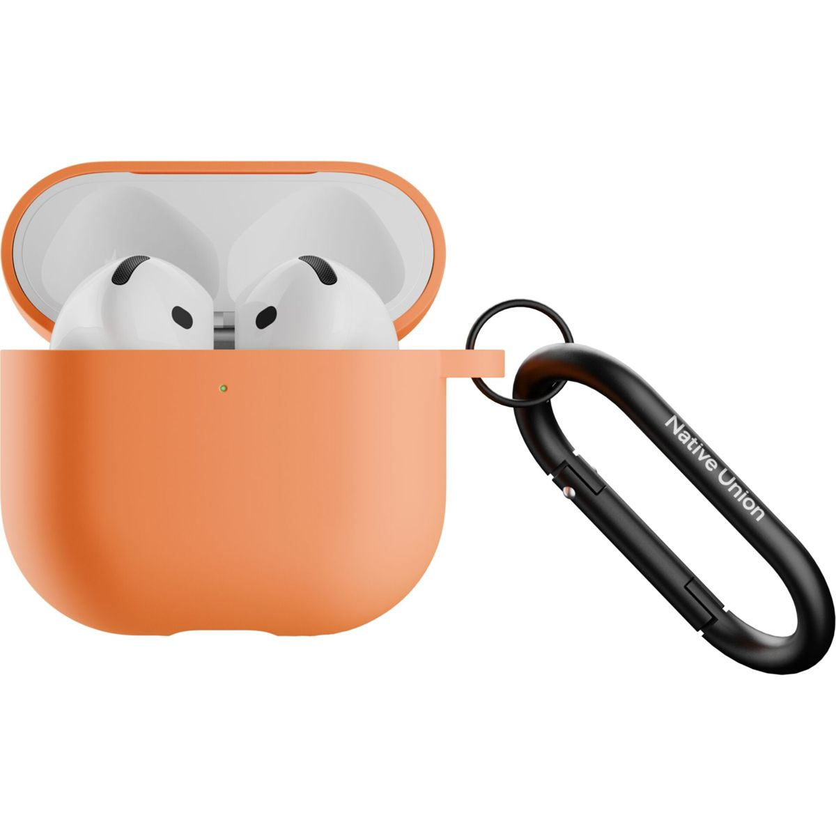 Custodia AirPods arancione con auricolari bianchi. Moschettone nero con testo "Native Union". Sfondo bianco.