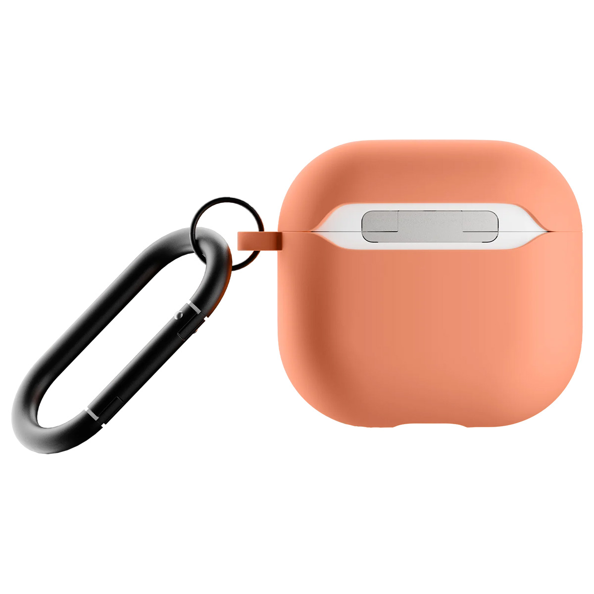 Una custodia per AirPods color corallo con moschettone nero. La custodia è quadrata con la parte superiore arrotondata.