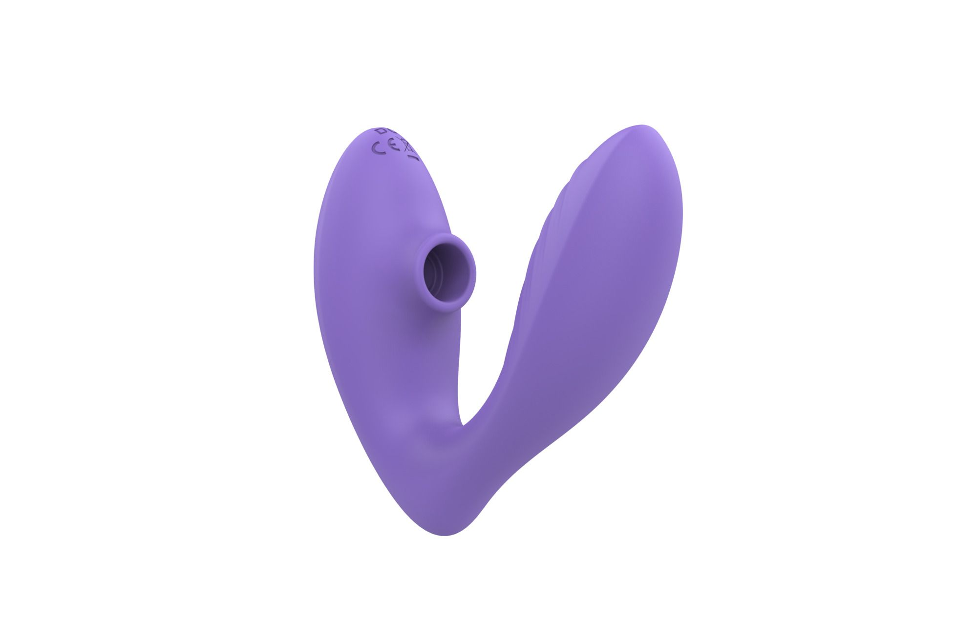 Un juguete sexual morado con un diseño curvo, presenta un agujero en la parte superior y una superficie lisa. Está sobre un fondo blanco.