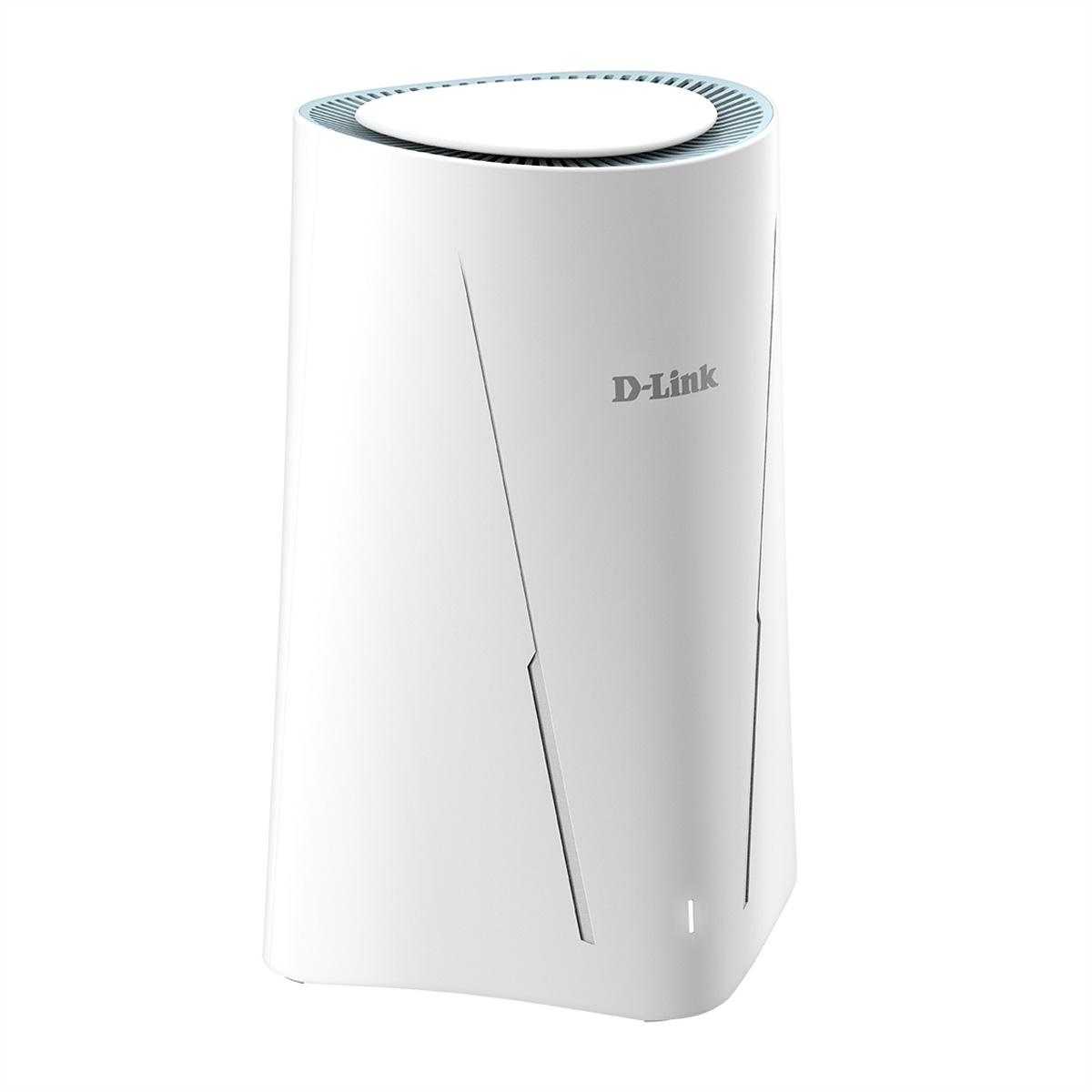 Un router D-Link bianco. Ha una forma cilindrica, un piano superiore e linee diagonali. Il logo è visibile.