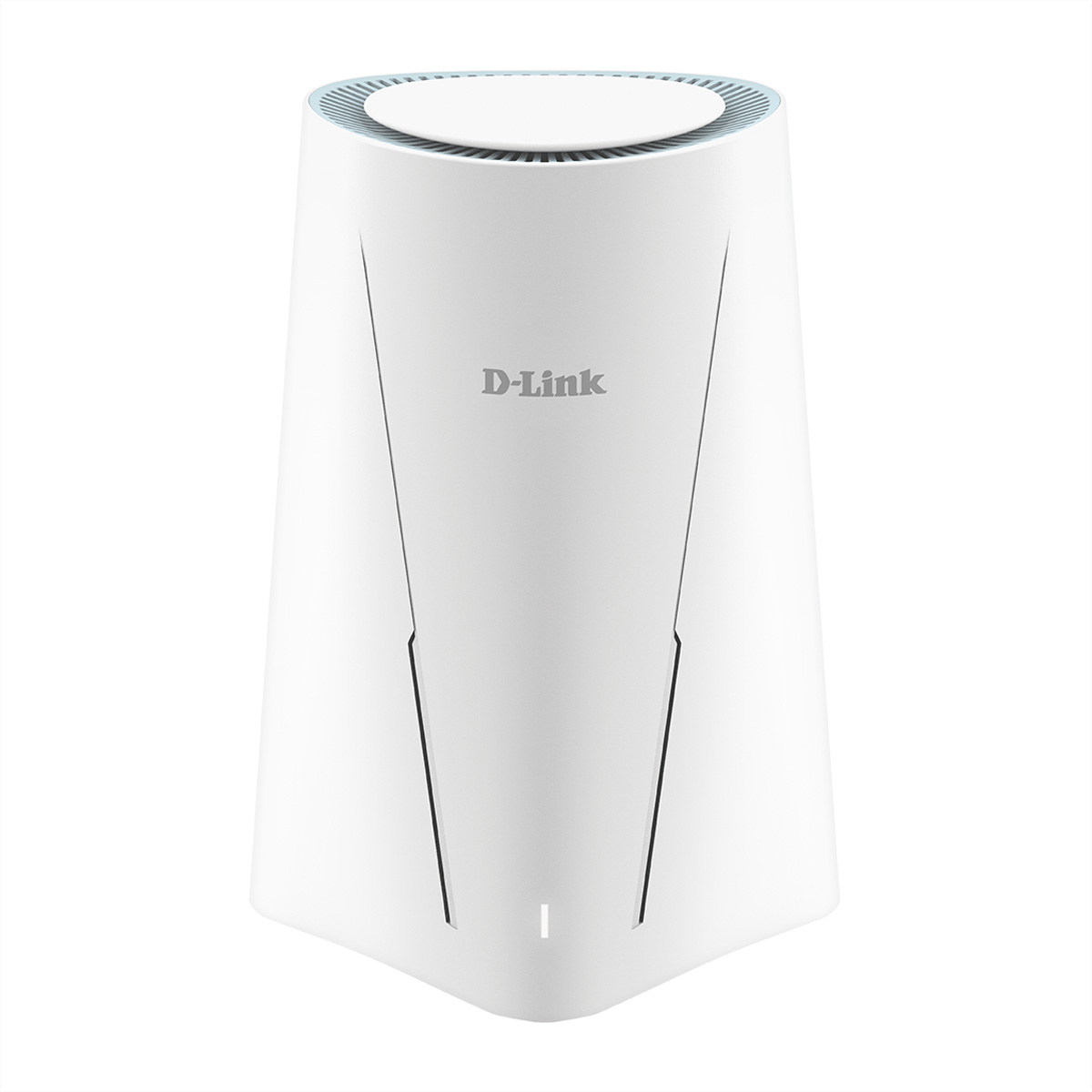 Un router D-Link bianco. Ha un corpo cilindrico con la parte superiore arrotondata e la base piatta. Linee nere percorrono la parte anteriore.
