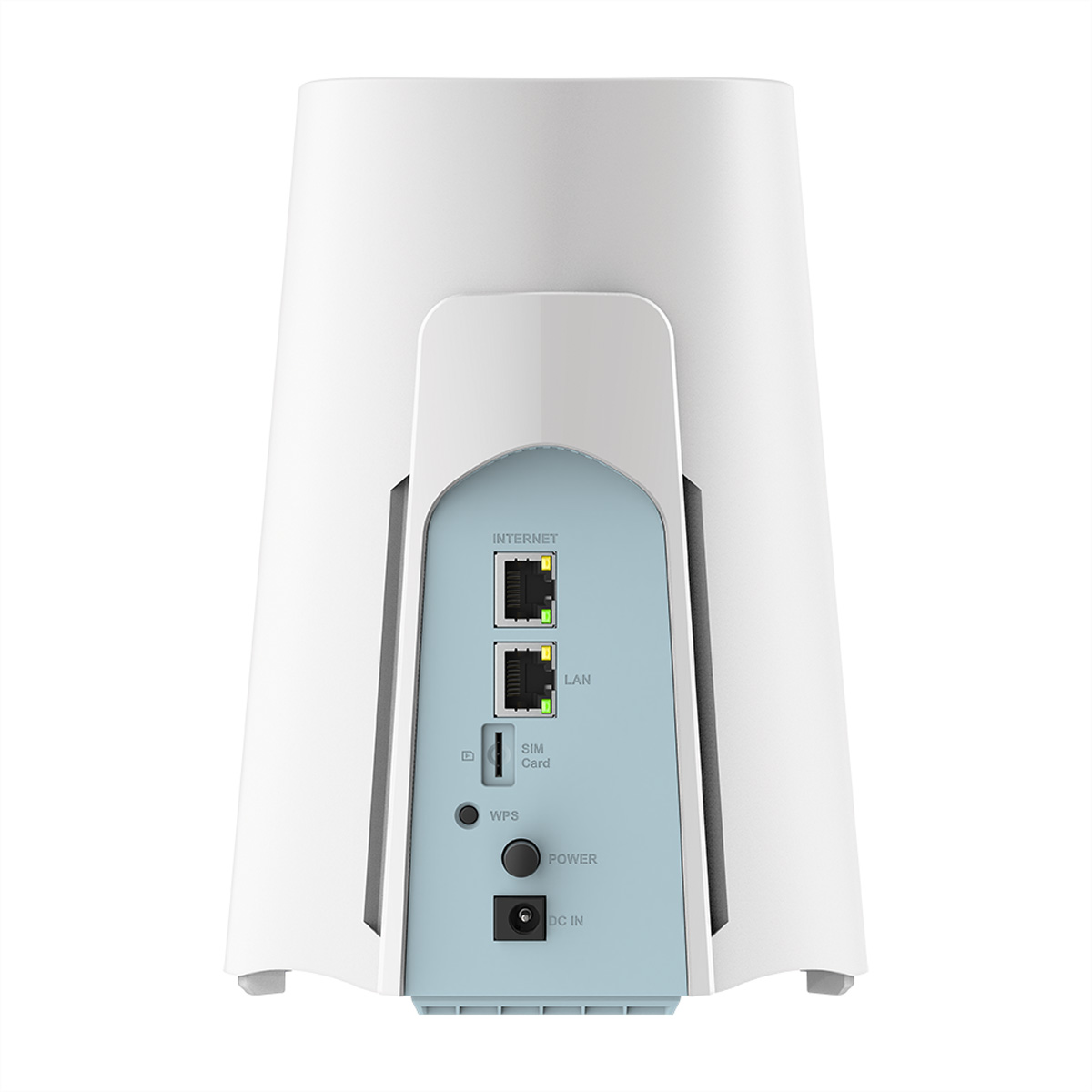 Un router bianco con dettagli blu. Ha porte internet e LAN, uno slot per SIM card, pulsante WPS e una porta di alimentazione.