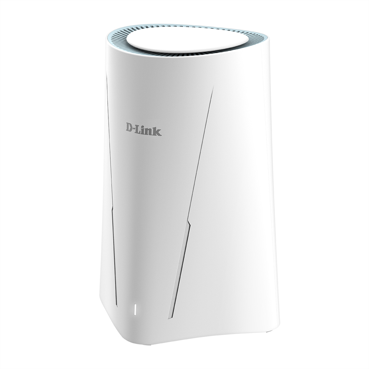 Router D-Link bianco. Forma cilindrica con parte superiore piatta e anello azzurro. Il logo D-Link è al centro.