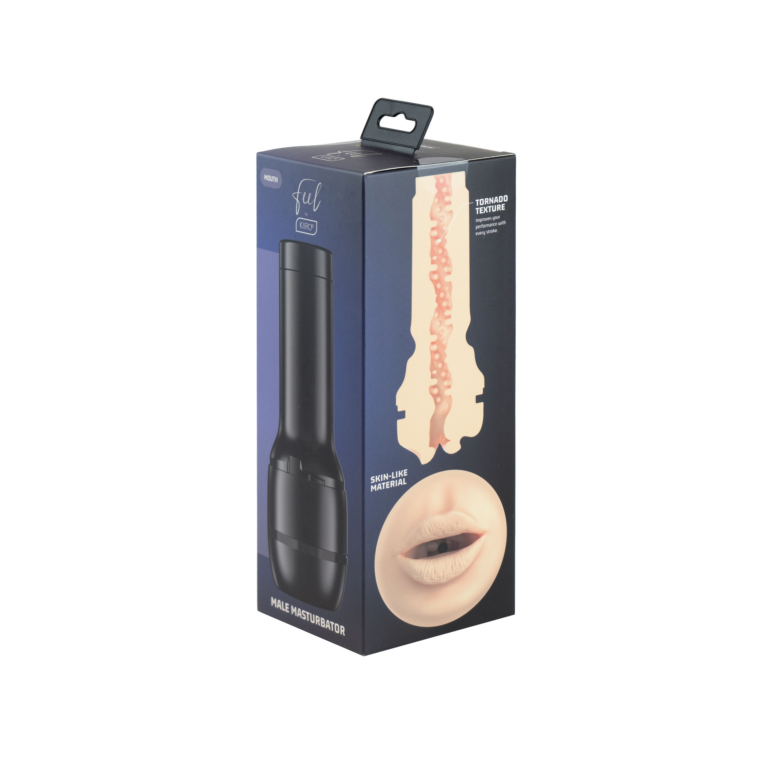 Caja con masturbador masculino, negro y cilíndrico, con un recorte mostrando su interior y una imagen de boca.