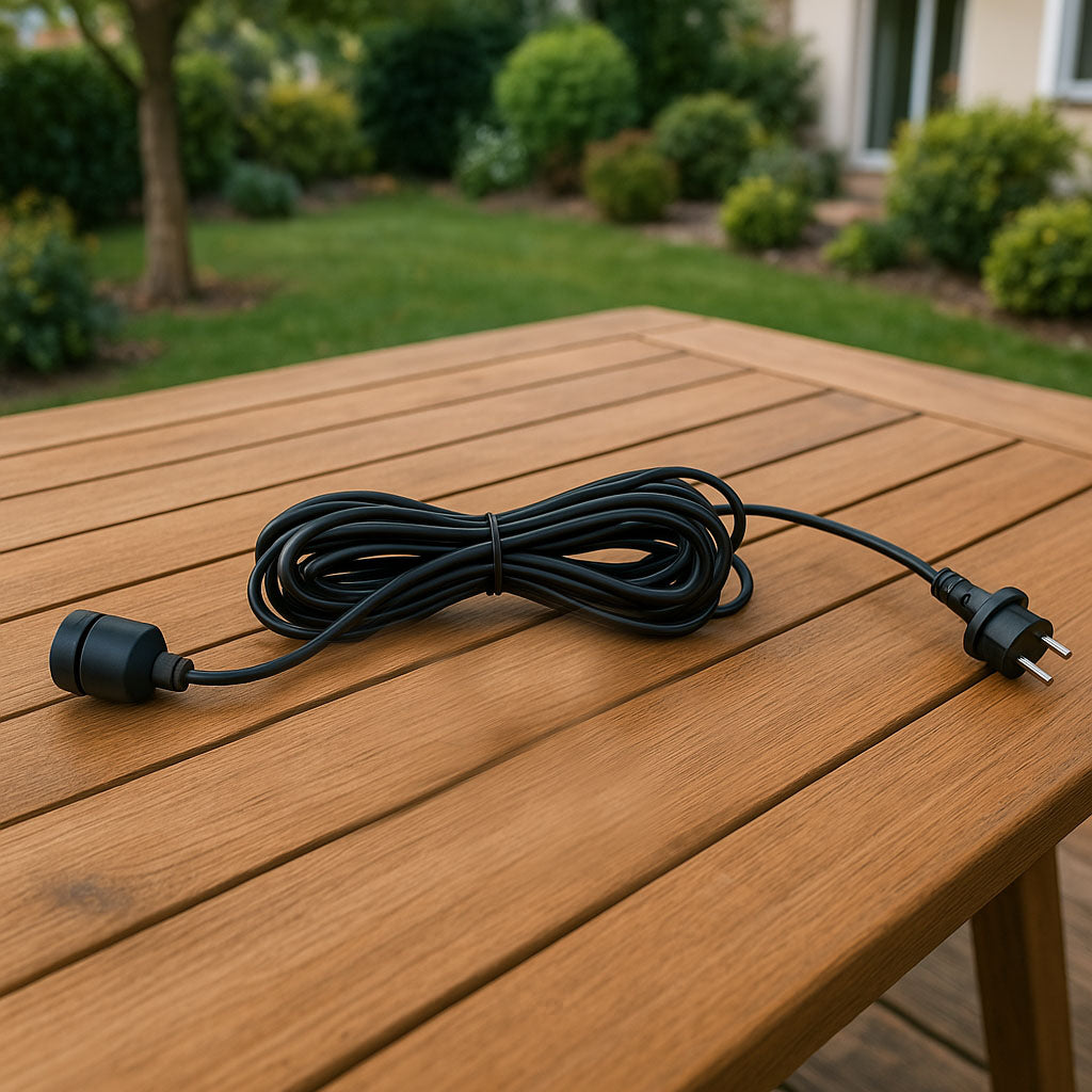 Ein schwarzes Elektrokabel liegt auf einem Holztisch. Ein Stecker und eine Steckdose sind an den Enden befestigt. Grüne Büsche und Gras sind im Hintergrund.