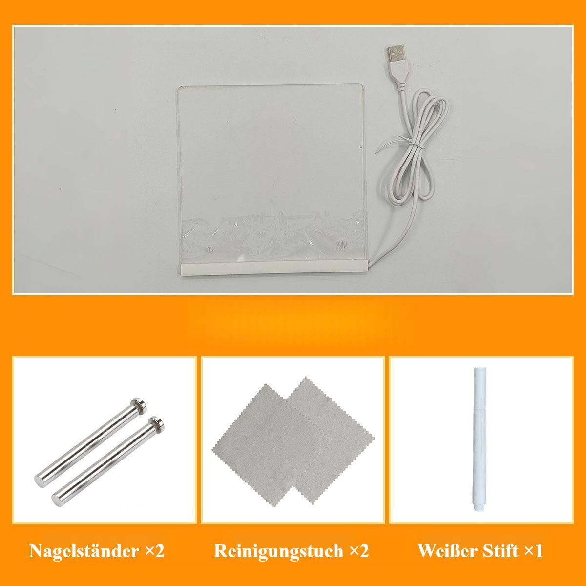Ein klares LED-Leuchtpaneel mit USB-Kabel. Darunter zwei Nagelständer, zwei Reinigungstücher und ein weißer Stift.