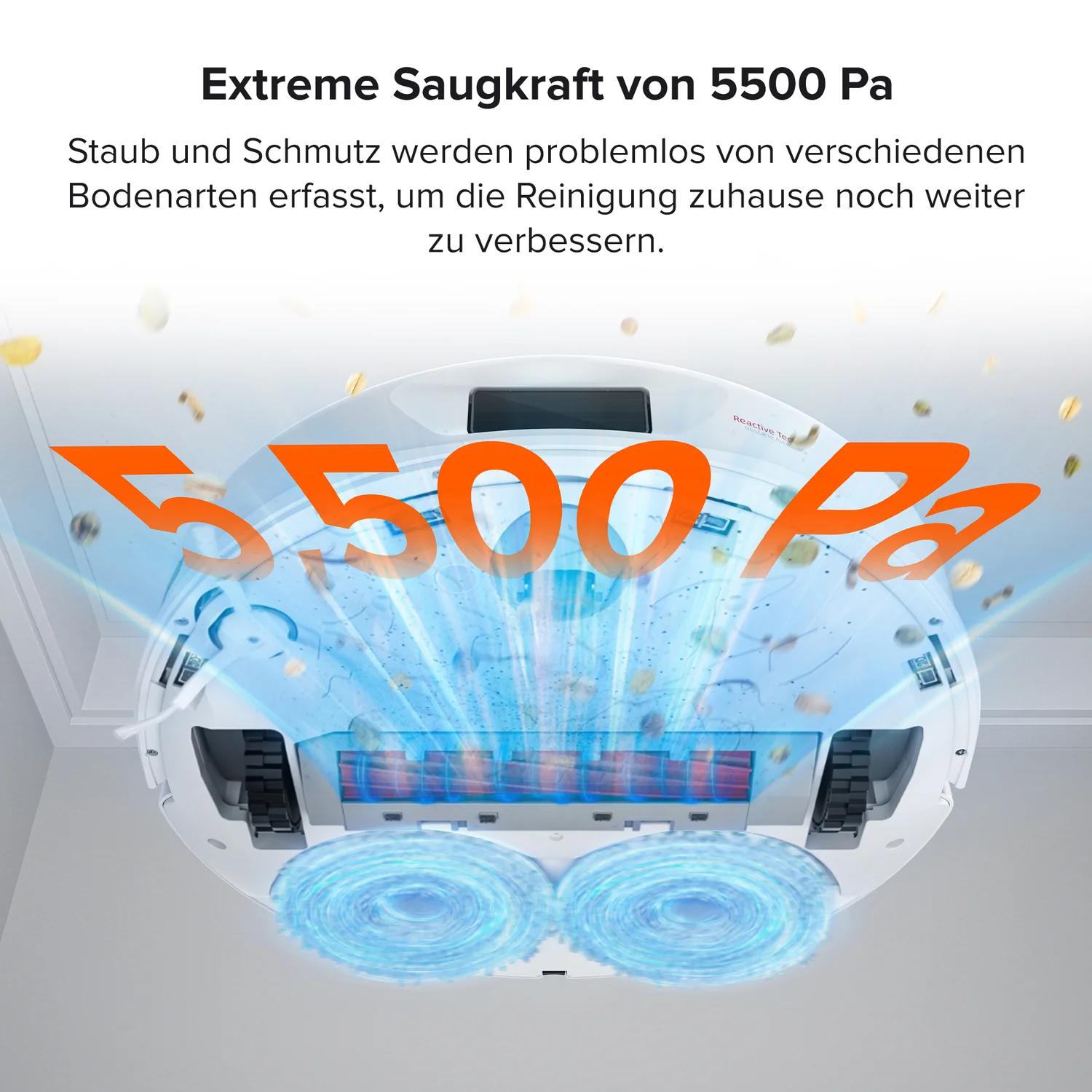 Ein weißer Roboter-Staubsauger mit orangefarbenem 5500 Pa-Text. Staubpartikel werden aufgesaugt, mit blauen Reinigungszyklen.