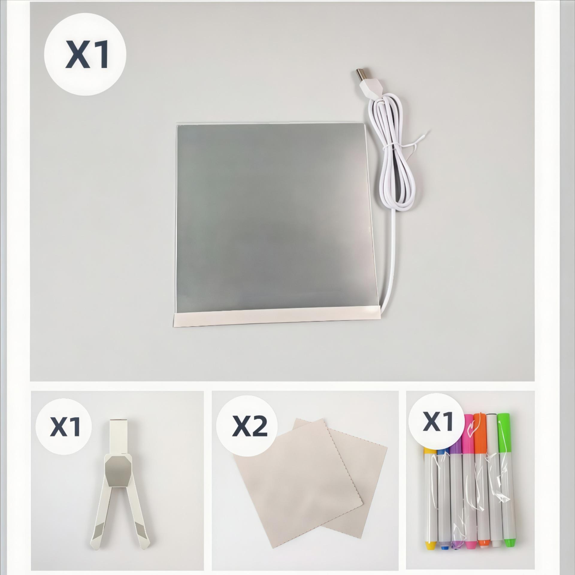 Auf weißem Hintergrund werden eine Leuchtbox, ein Kabel, ein Ständer, Reinigungstücher und Marker angezeigt. Die Artikel sind mit X1 und X2 gekennzeichnet.