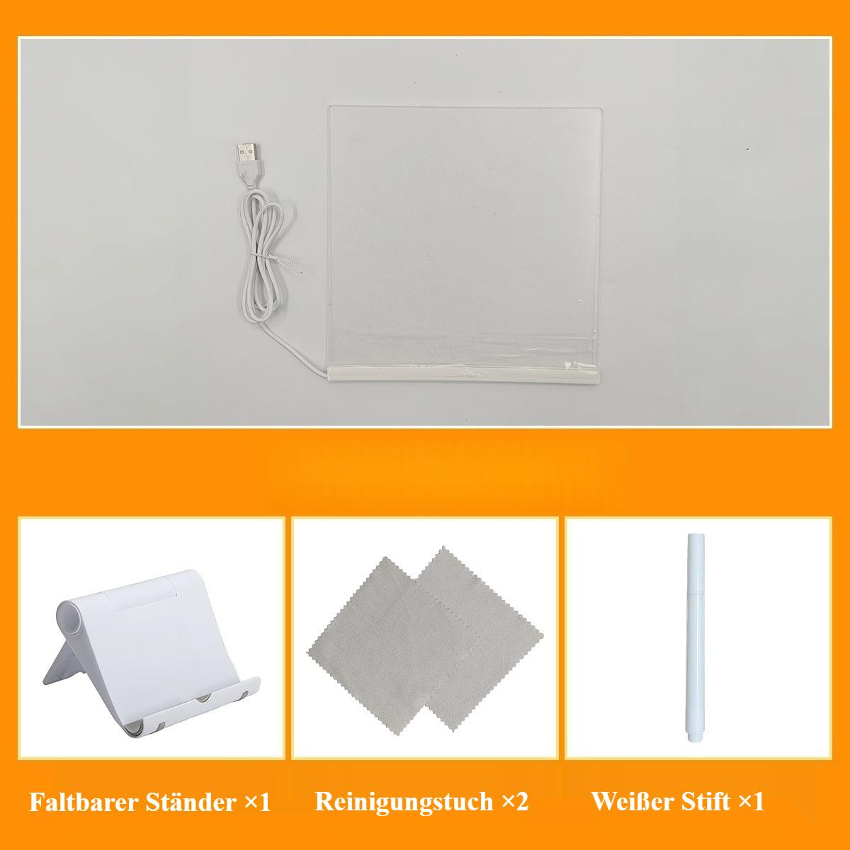 Ein weißes Zeichenbrett, ein USB-Kabel, ein faltbarer Ständer, zwei graue Tücher und ein weißer Stift auf weißem Untergrund und orangem Hintergrund.