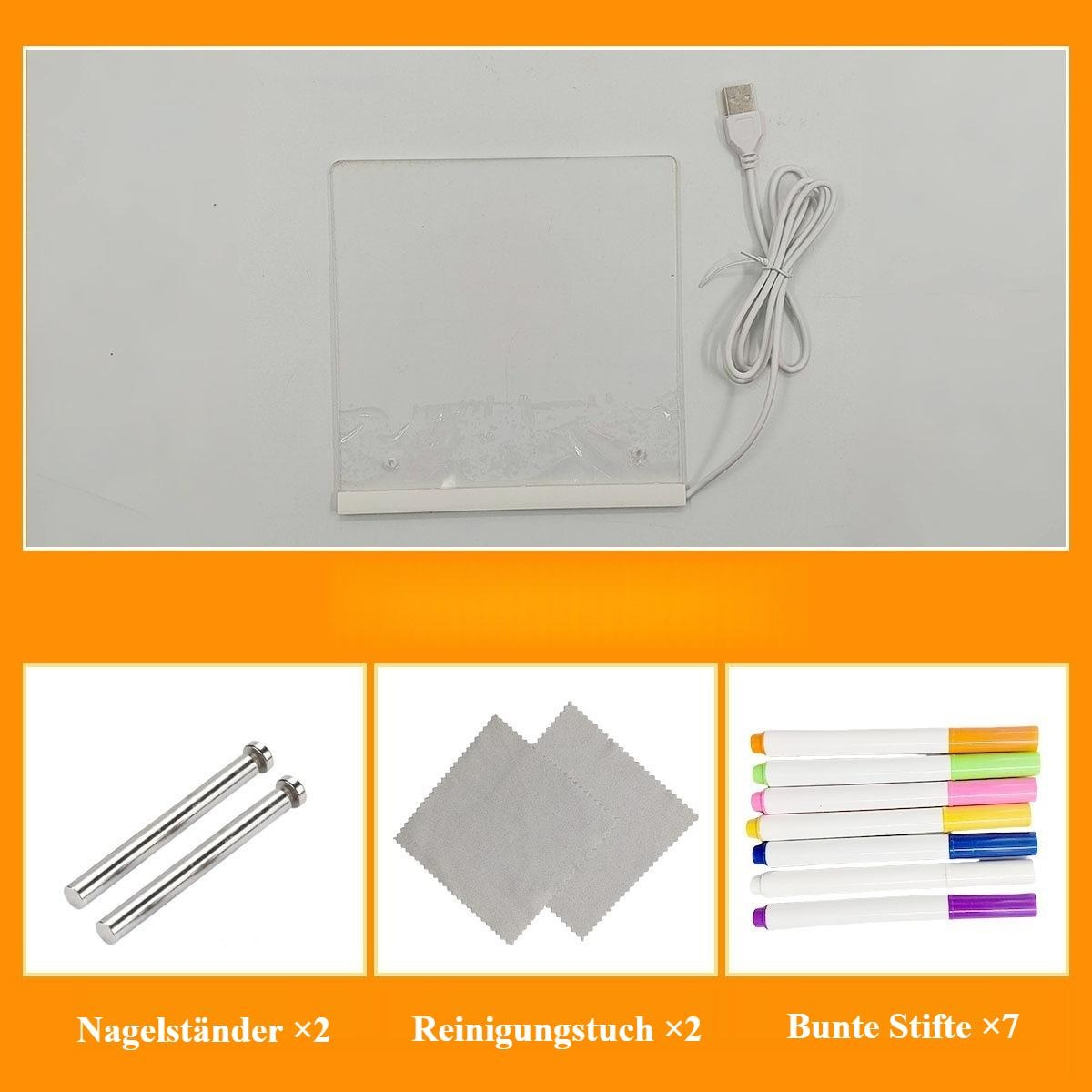 Ein weißes Leuchtpad mit USB-Kabel, zwei Nagelständern aus Metall, zwei Reinigungstüchern und sieben bunten Markern.
