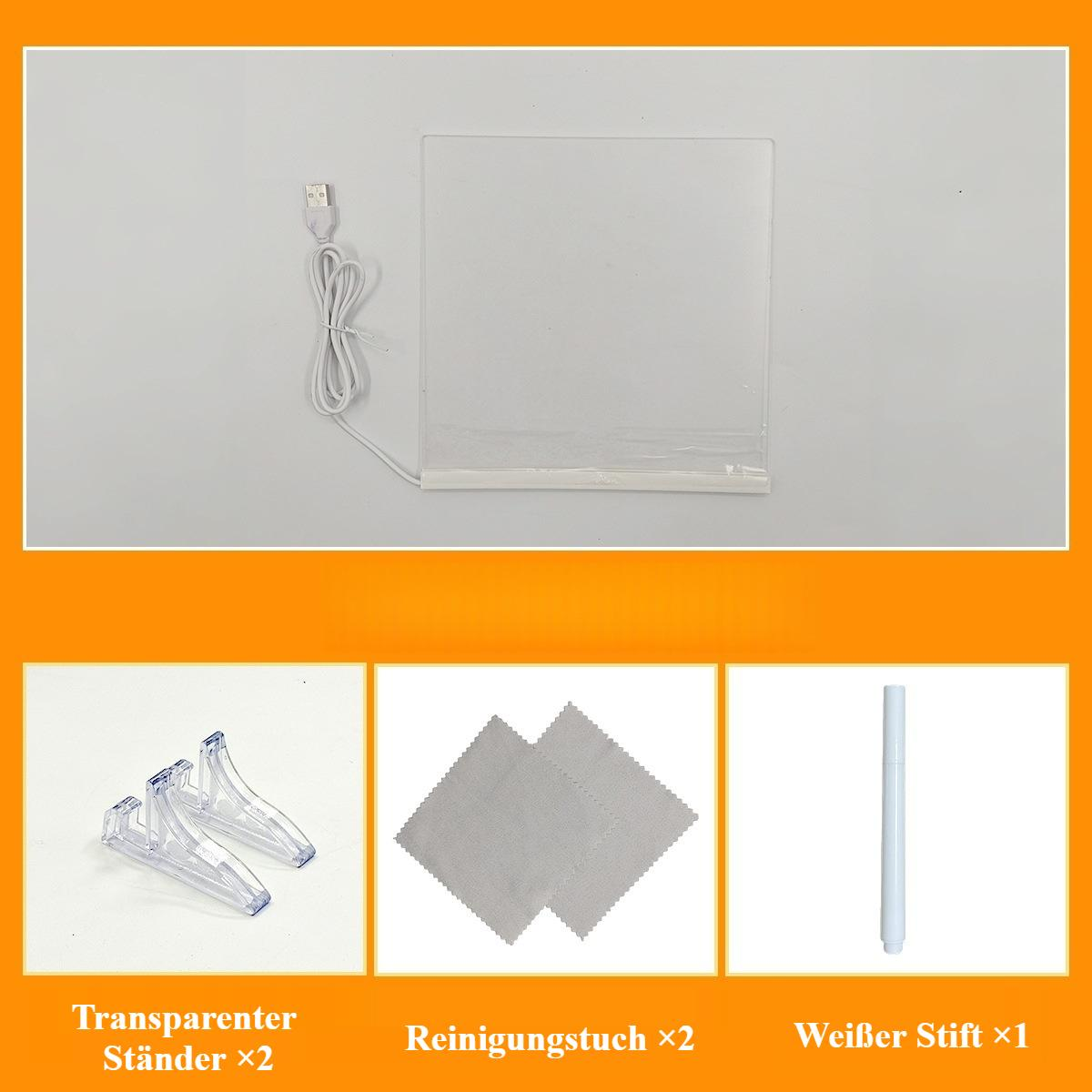 Ein weißes LED-Panel mit USB-Kabel, zwei klare Ständer, zwei Tücher und ein weißer Marker werden auf orangefarbenem Hintergrund angezeigt.