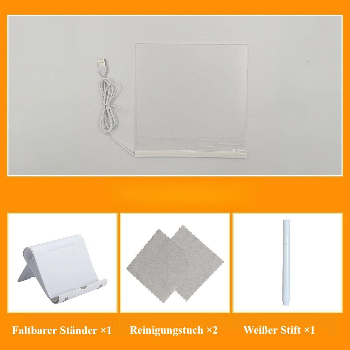 Ein weißes Zeichentablett mit USB-Kabel, einem faltbaren Ständer, zwei Reinigungstüchern und einem weißen Stift.