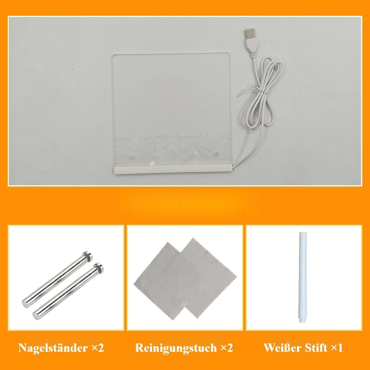 Ein klares, rechteckiges Lichtpanel mit USB-Kabel, zwei Nagelständern aus Metall, zwei Reinigungstüchern und einem weißen Stift.
