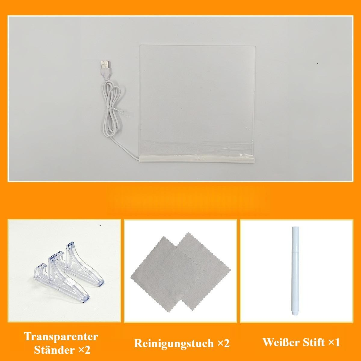 Ein weißes Zeichenbrett mit USB-Kabel, zwei transparenten Ständern, zwei Reinigungstüchern und einem weißen Stift auf orangefarbenem Hintergrund.