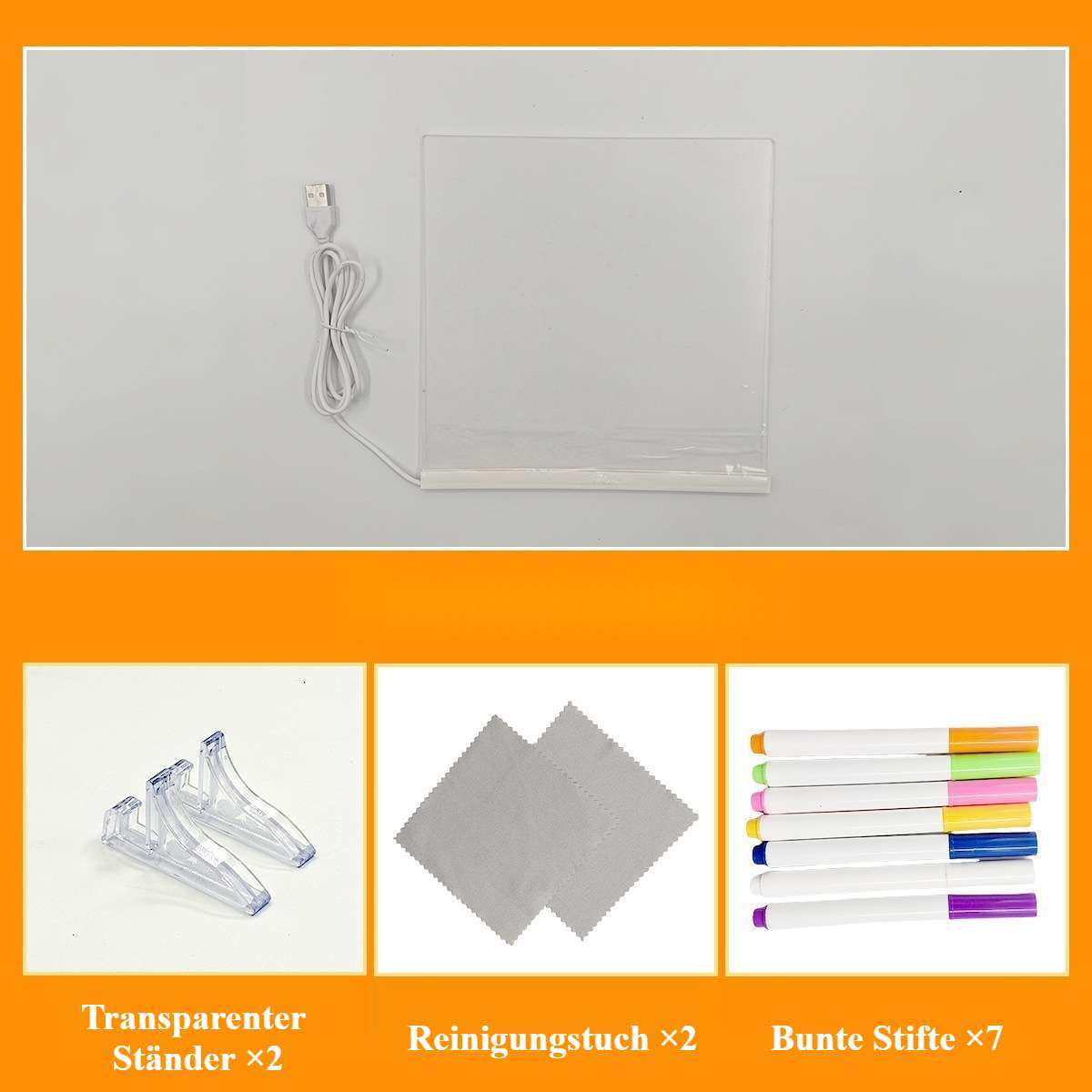 Ein Leuchtpad mit USB-Kabel, zwei Reinigungstüchern, sieben Farbstiften und zwei transparenten Ständern auf weißer Oberfläche.