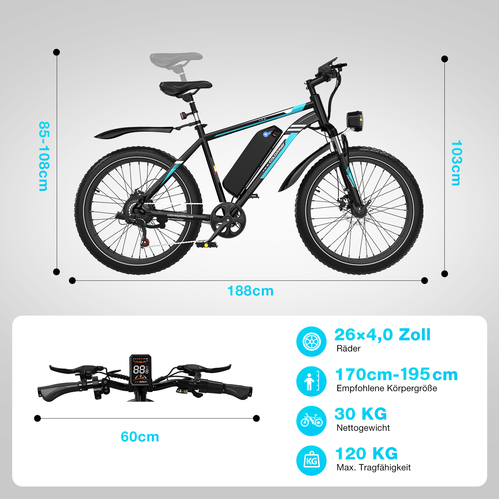 Ein Elektrofahrrad mit schwarzem Rahmen, blauen Akzenten, schwarzen Reifen und einem digitalen Display. Abmessungen werden angezeigt.