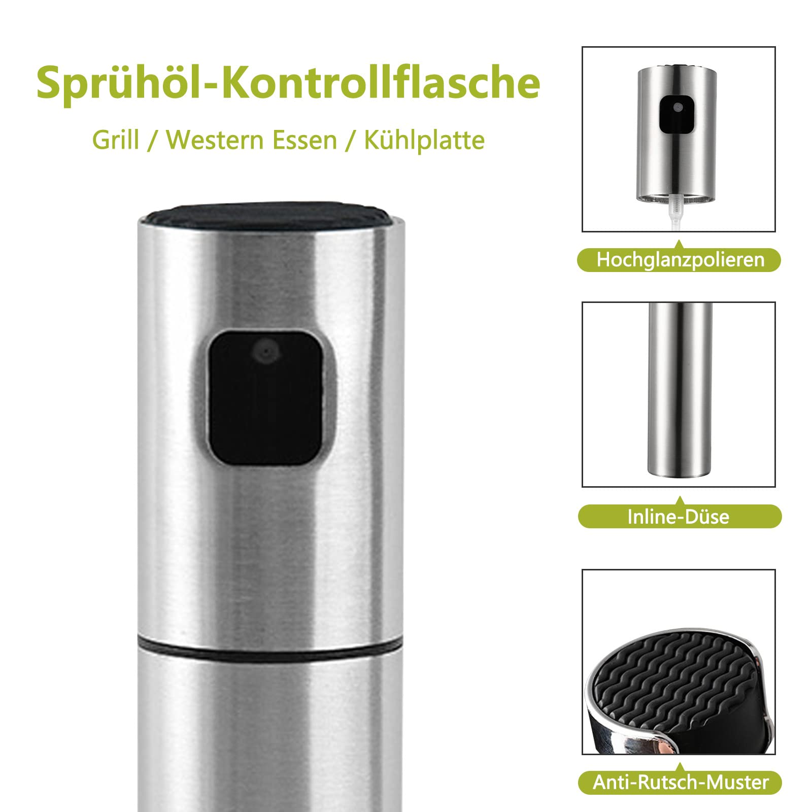 Eine Ölsprühflasche aus Metall. Details umfassen die Düse und den rutschfesten Boden. Text auf Deutsch.
