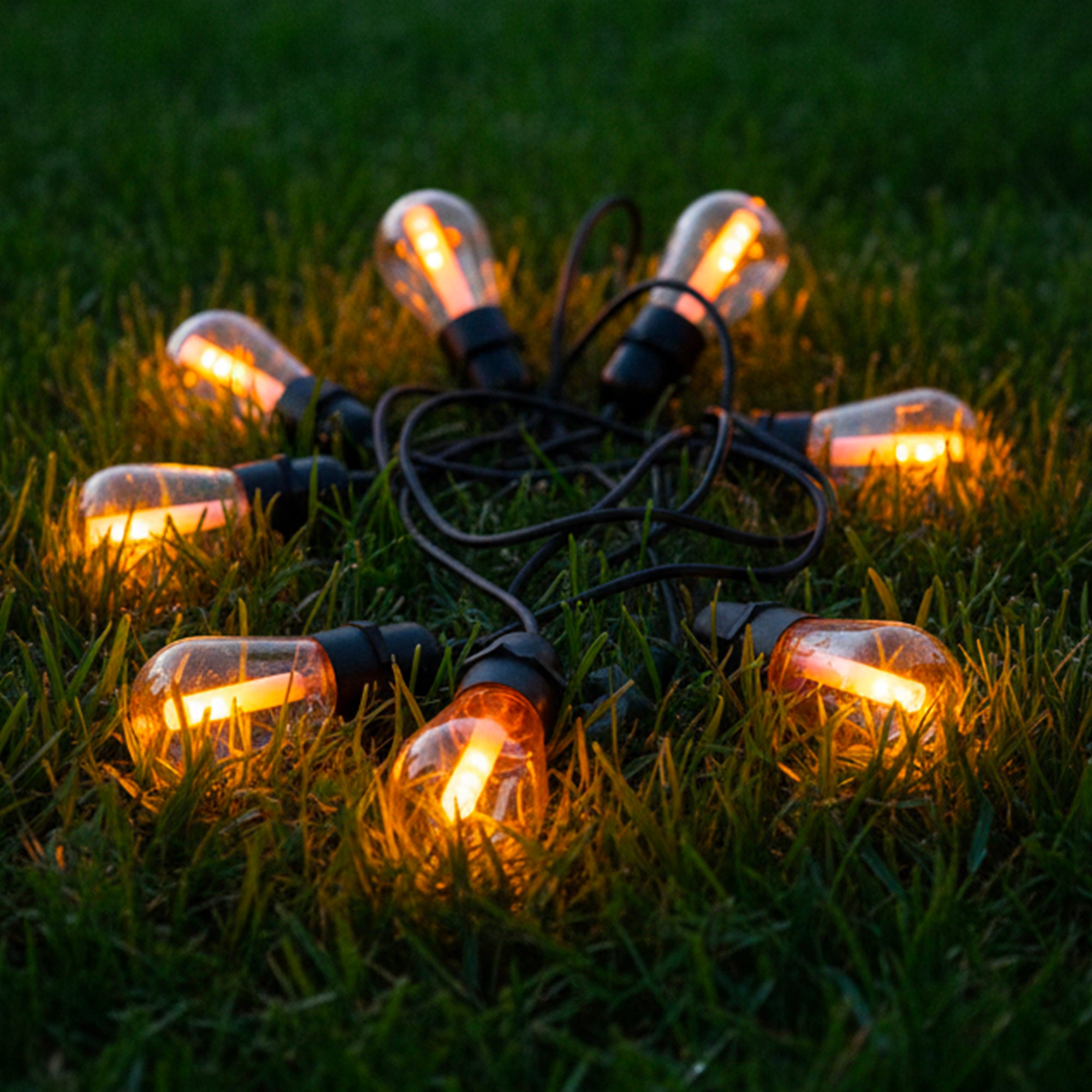Lichterketten mit warmem Licht auf grünem Gras. Mehrere glühende Glühbirnen sind kreisförmig angeordnet.