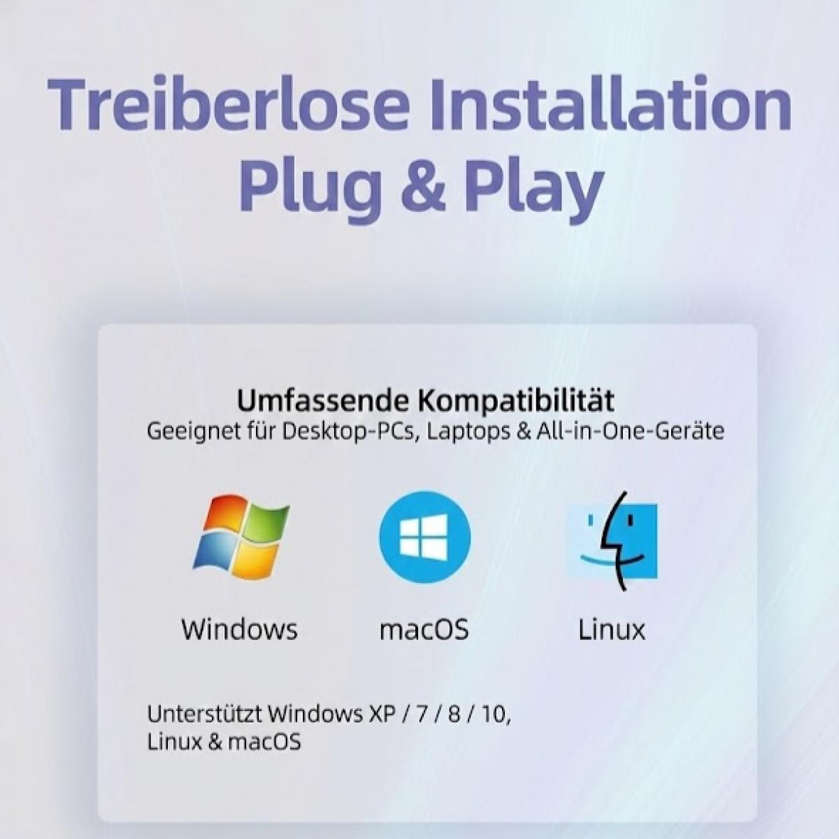 Das Bild zeigt 'Treiberlose Installation Plug & Play'. Es listet Windows-, macOS- und Linux-Logos auf, was auf Kompatibilität hindeutet.