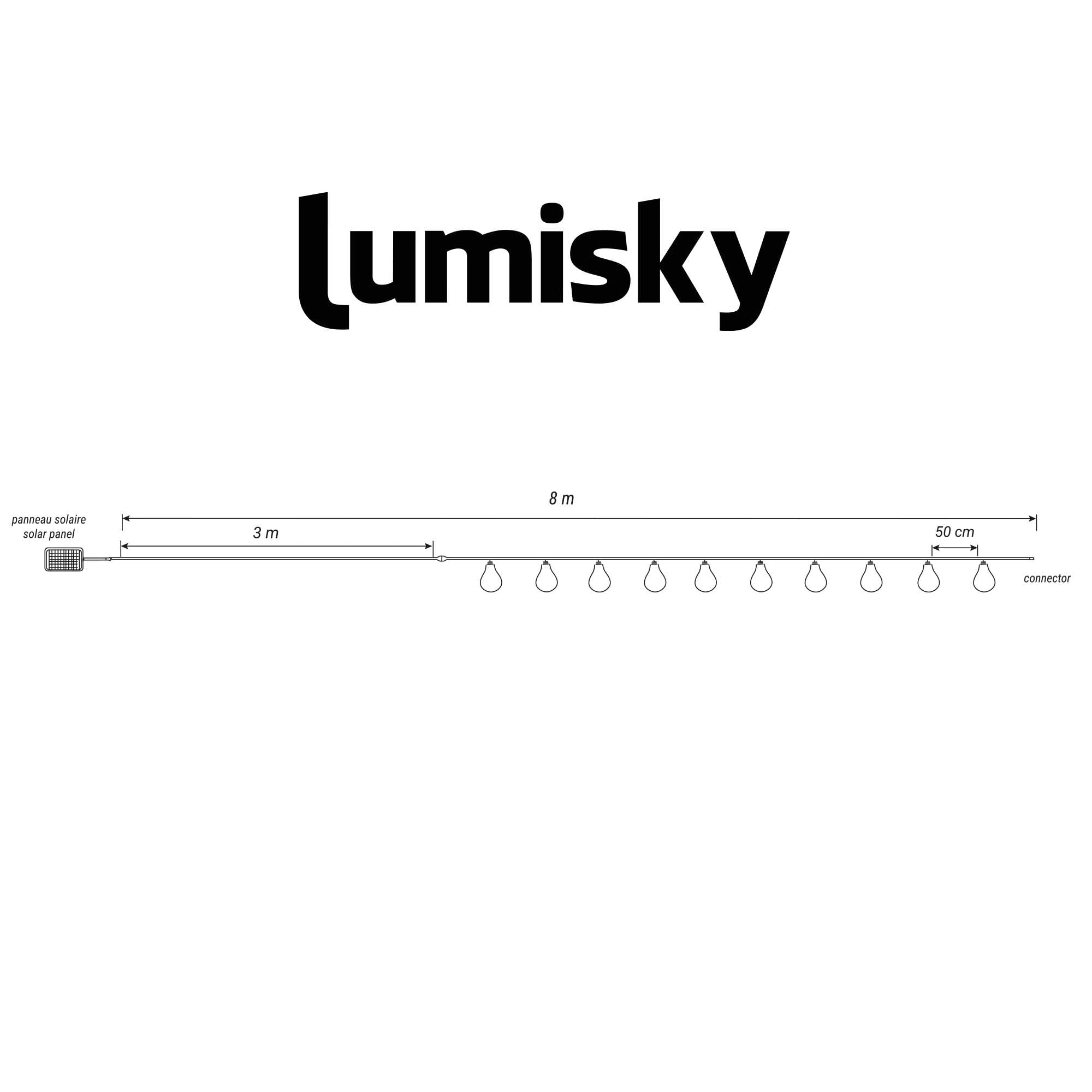 Diagramm der Lumisky-Leuchten, Solarpanel und Messungen. Der Text 'Lumisky' steht oben. Details sind angegeben.