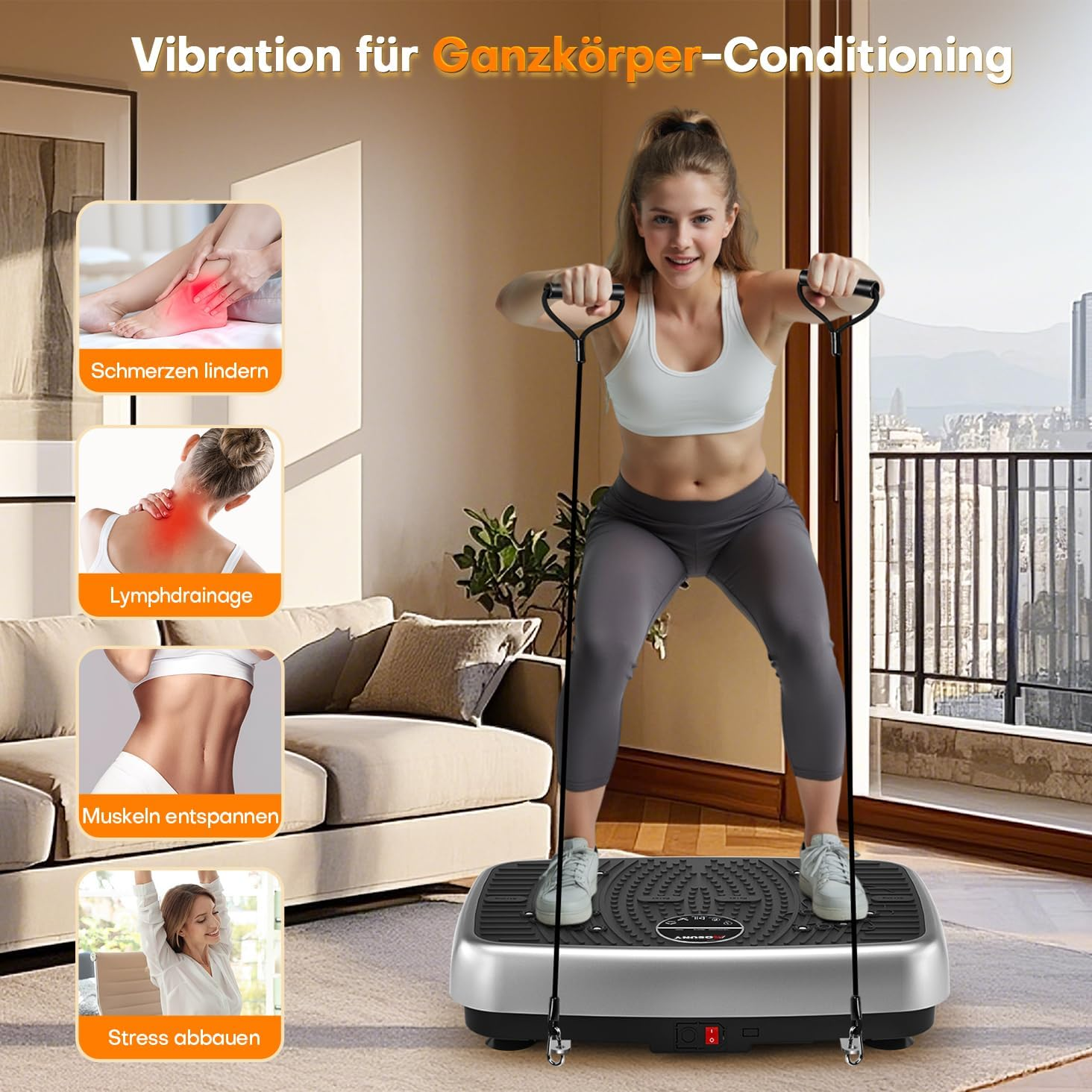 VANNECT Doppelmotor, 200kg, 120 Stufen, Bluetooth, Bänder Vibrationsplatte,  Grau