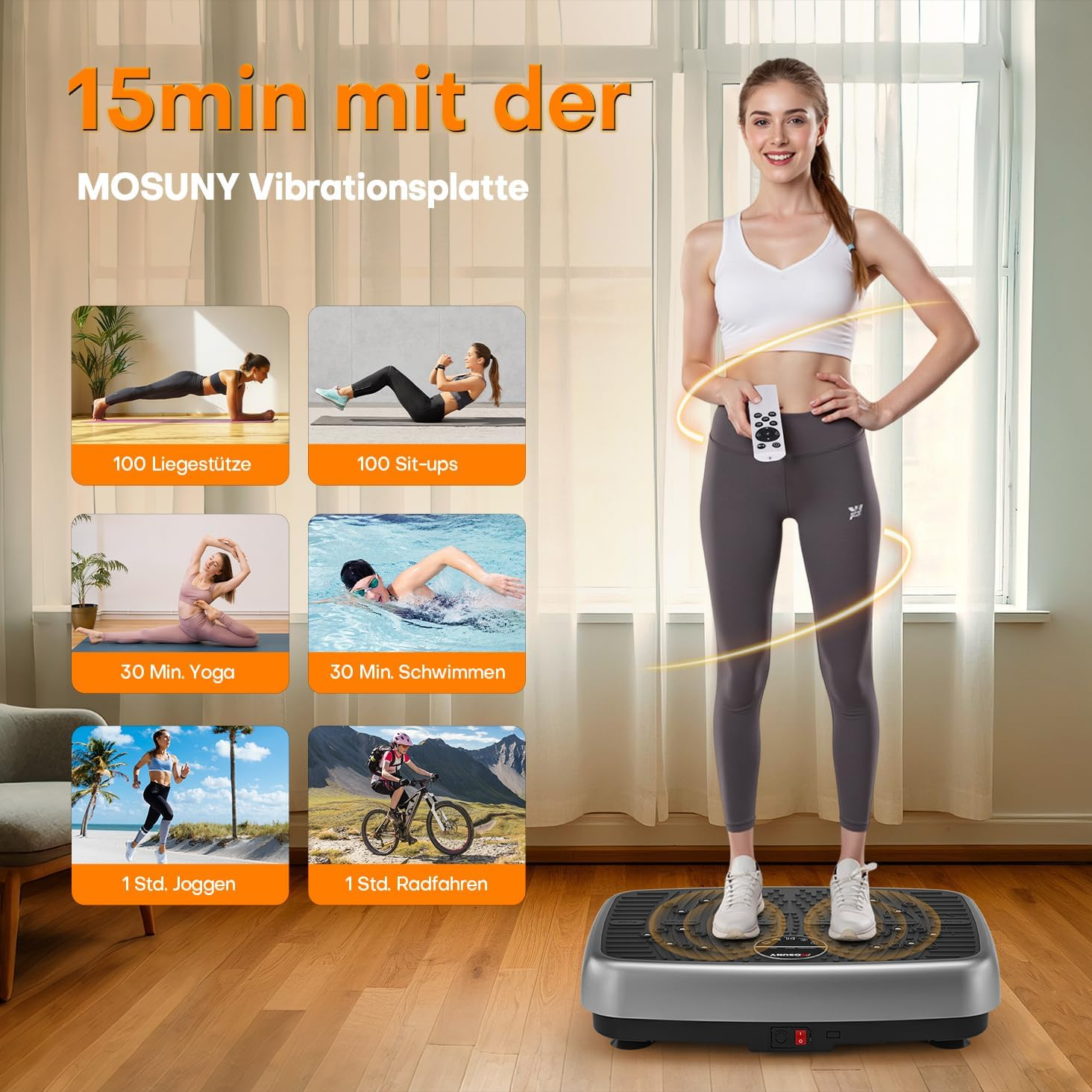 Frau auf Vibrationsplatte mit Fernbedienung. Bilder zeigen Übungen: Liegestütze, Sit-ups, Yoga, Schwimmen, Joggen, Radfahren. Text auf Deutsch.
