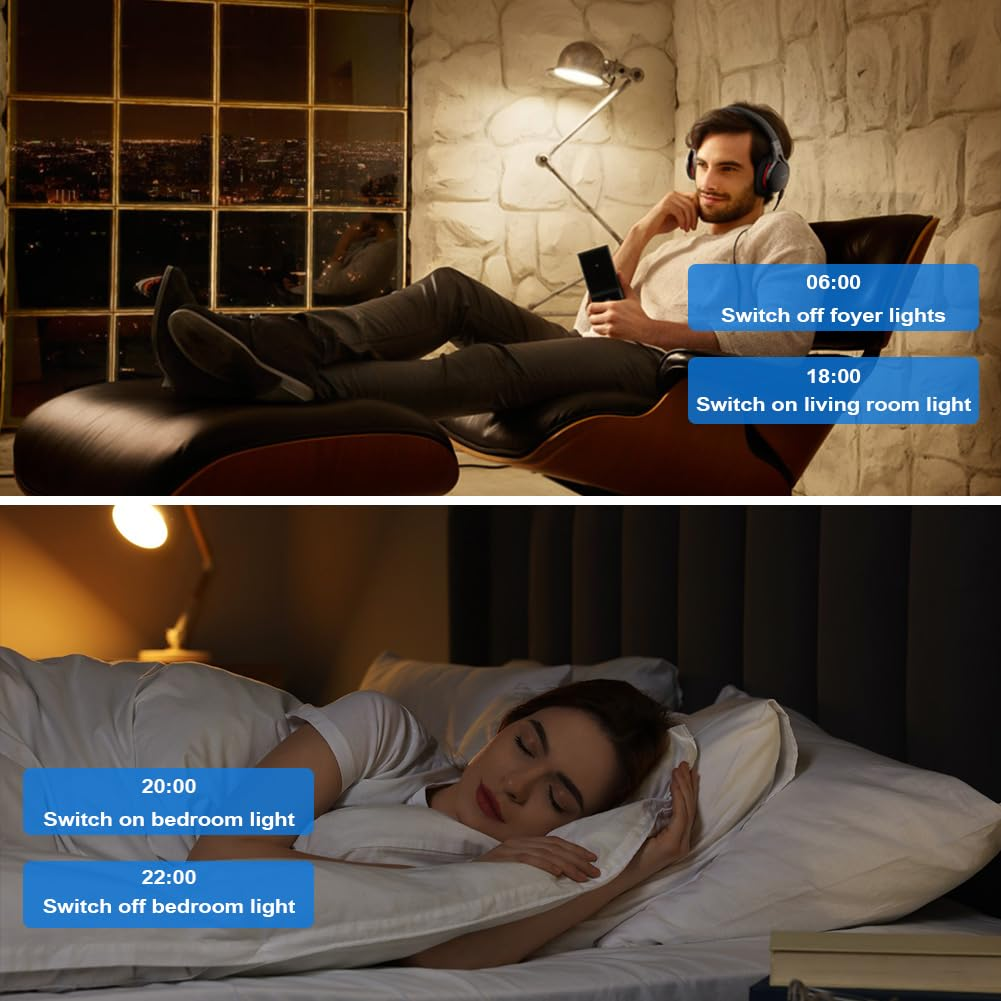 Ein Mann entspannt sich mit Kopfhörern und steuert Lichter per Telefon. Eine Frau schläft im Bett. Text zeigt Lichtsteuerungszeiten.