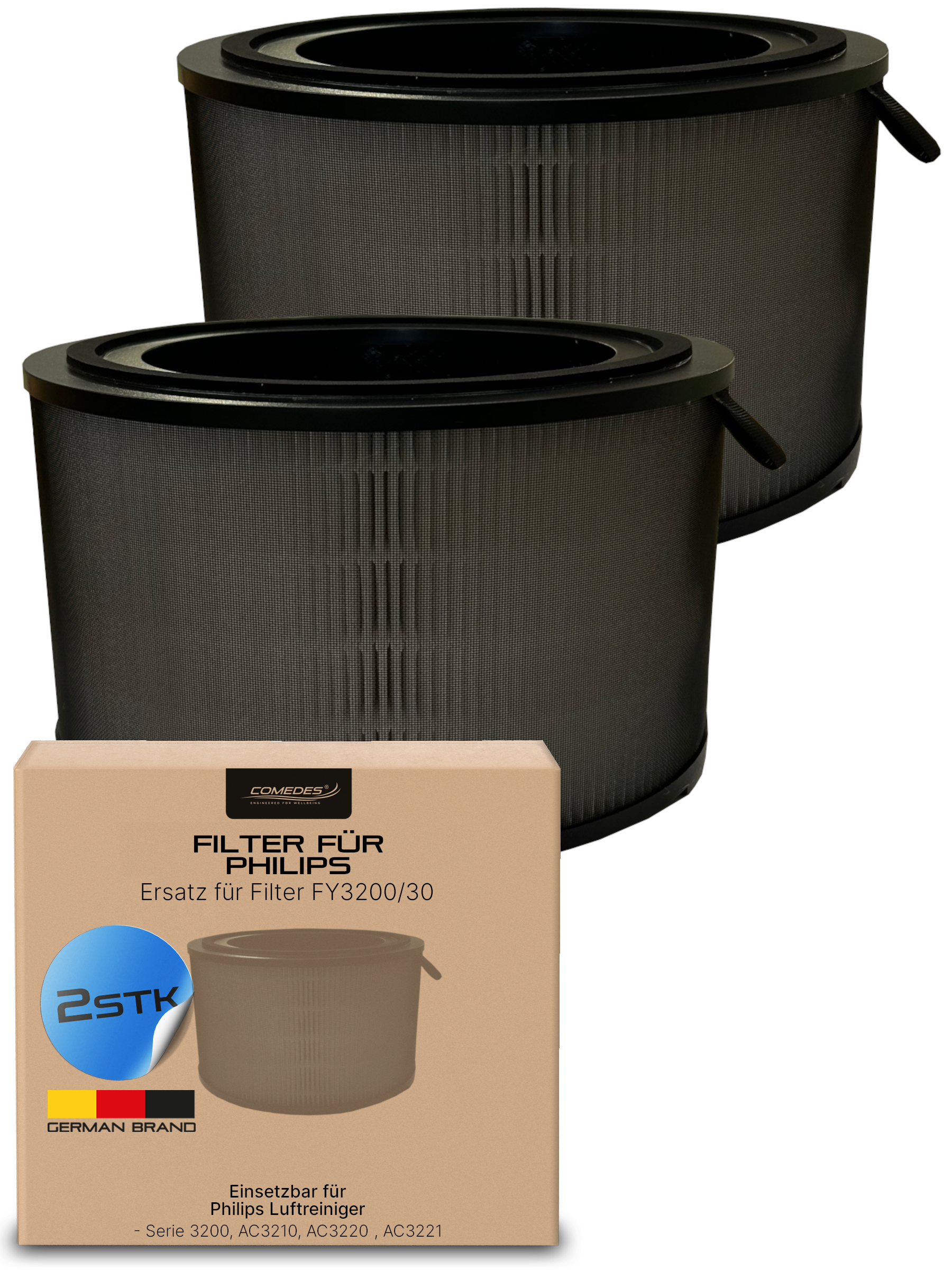 Zwei schwarze Luftfilter und eine Box mit Filterinformationen, deutsche Marke.