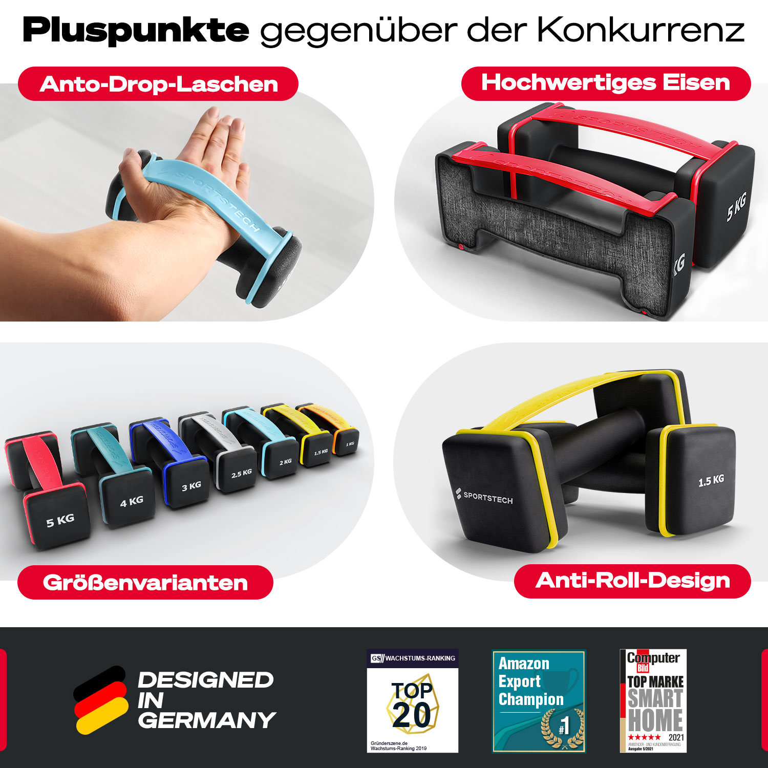 Das Bild zeigt Fitnessgeräte mit unterschiedlichen Designs und Gewichten, darunter Hanteln mit verschiedenen Farben und Funktionen.