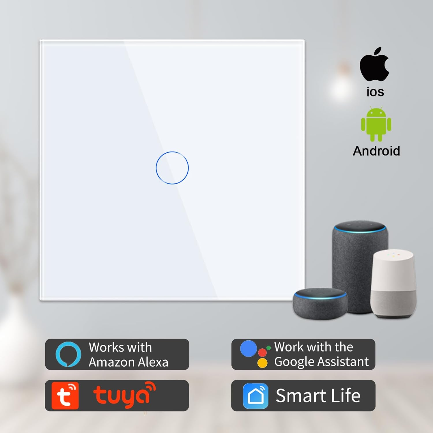 Weißer intelligenter Lichtschalter mit blauem Kreis, kompatibel mit Alexa, Google Assistant, iOS und Android. Enthält Logos für Tuya und Smart Life.