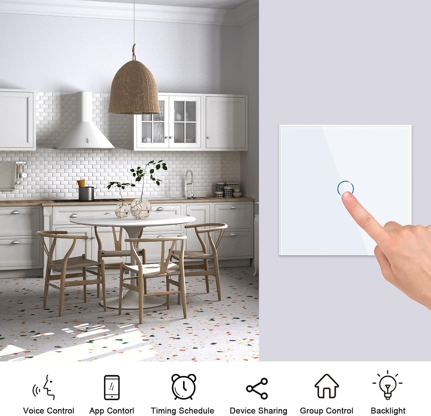 Küchenszene mit Smart-Schalter, Finger berührt ihn. Symbole für Sprache, App, Timing, Teilen, Gruppe und Hintergrundbeleuchtung.