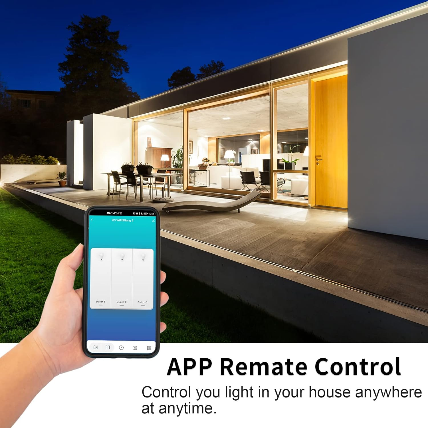Handy mit Smart-Home-App zur Lichtsteuerung. Modernes Haus im Hintergrund bei Nacht.