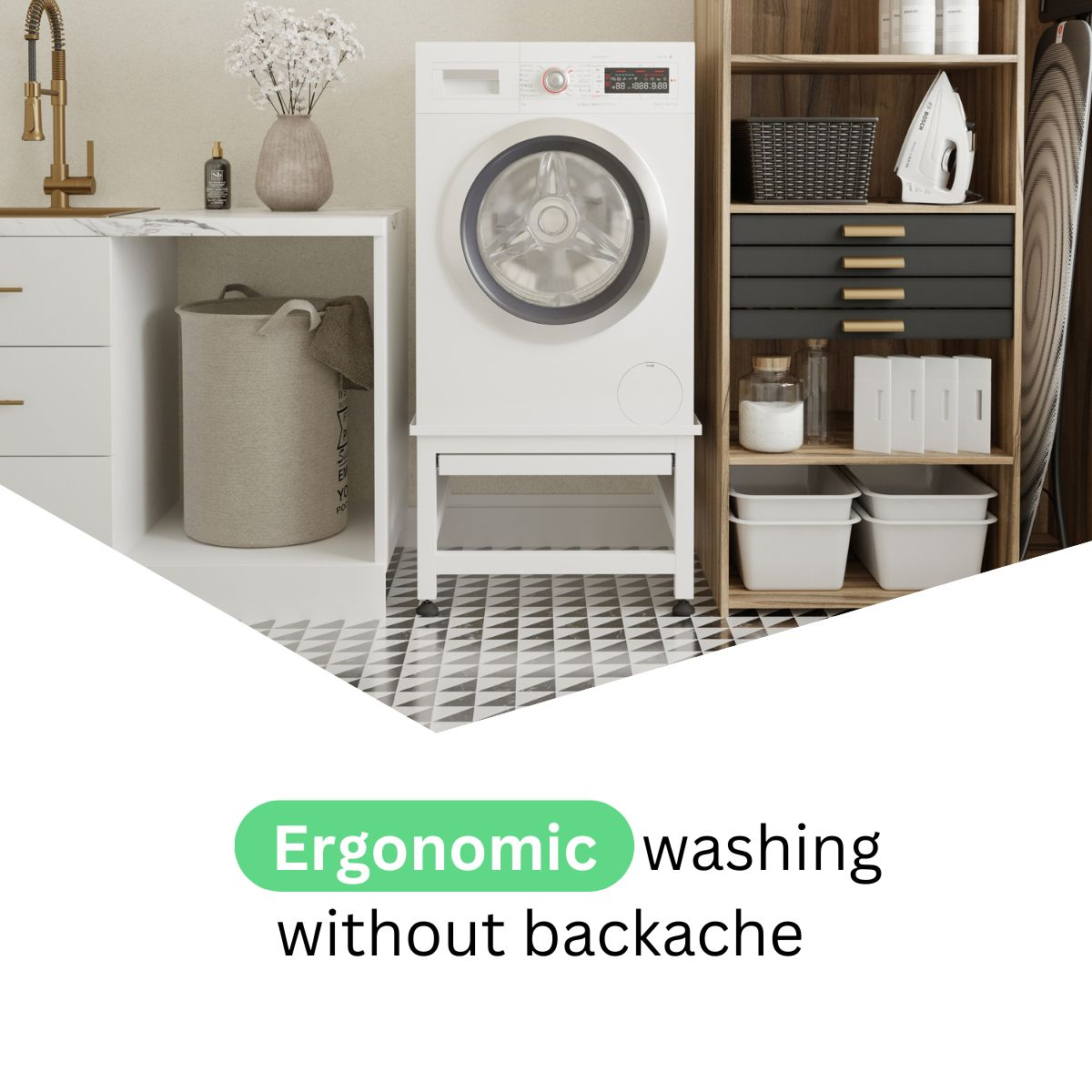 Een wasruimte met een wasmachine, een opbergkast en een wasmand. De vloer heeft een geometrisch patroon.