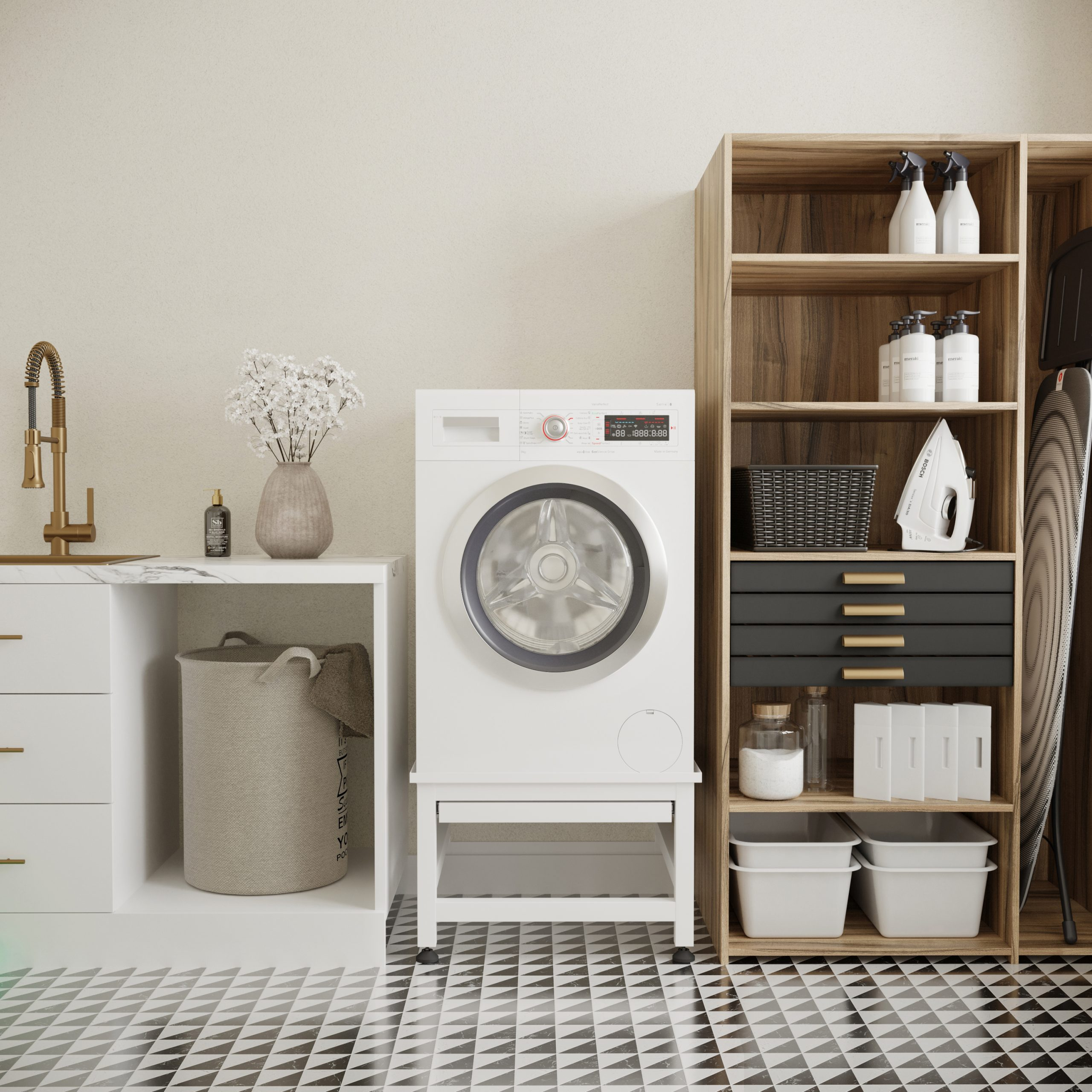 Waskamer met wasmachine, gootsteen en opslag. Inclusief strijkijzer en strijkplank. Zwart-wit betegelde vloer.