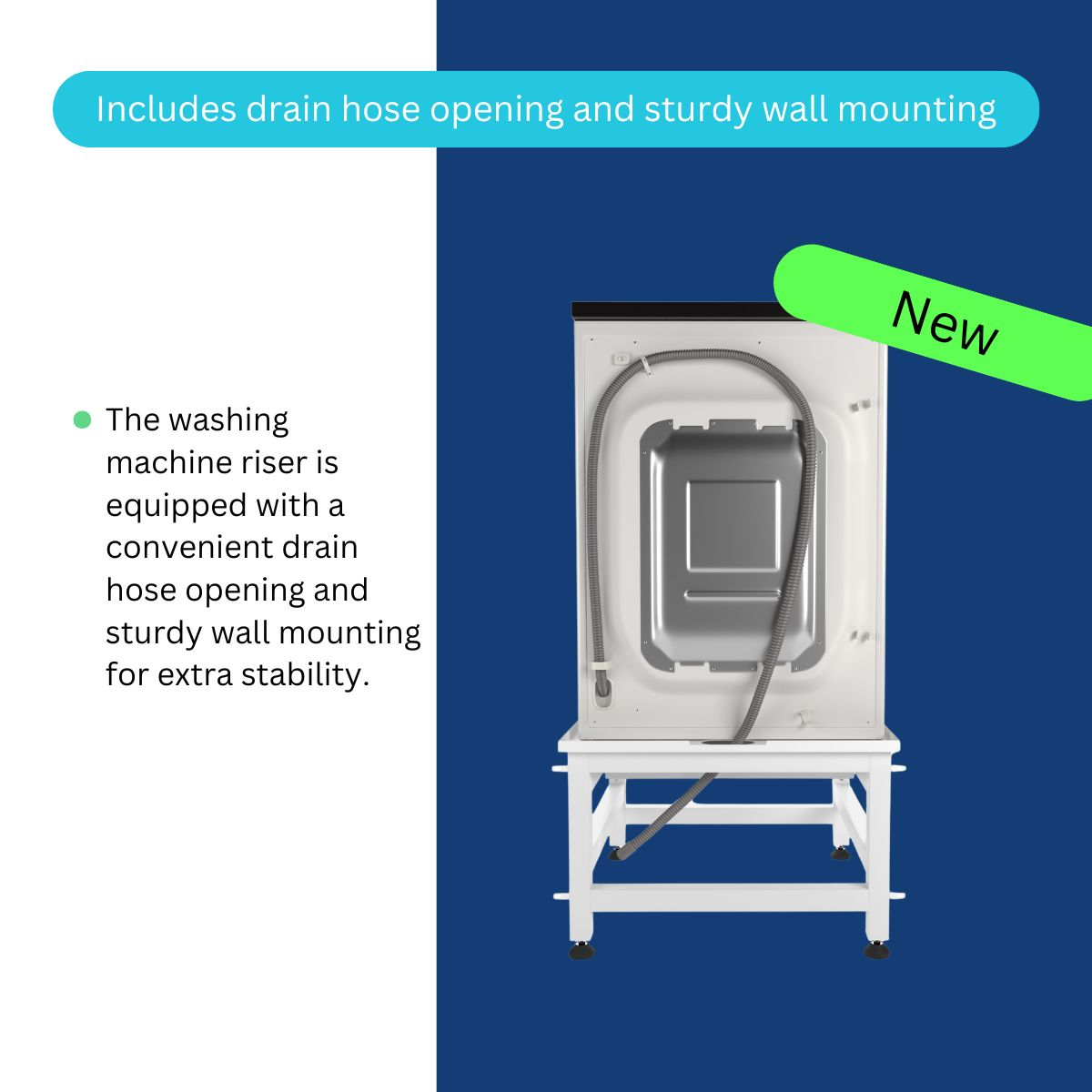 Een witte wasmachine staat op een witte standaard. De machine heeft een afvoerslang. De tekst zegt dat er een slangopening en wandmontage is.