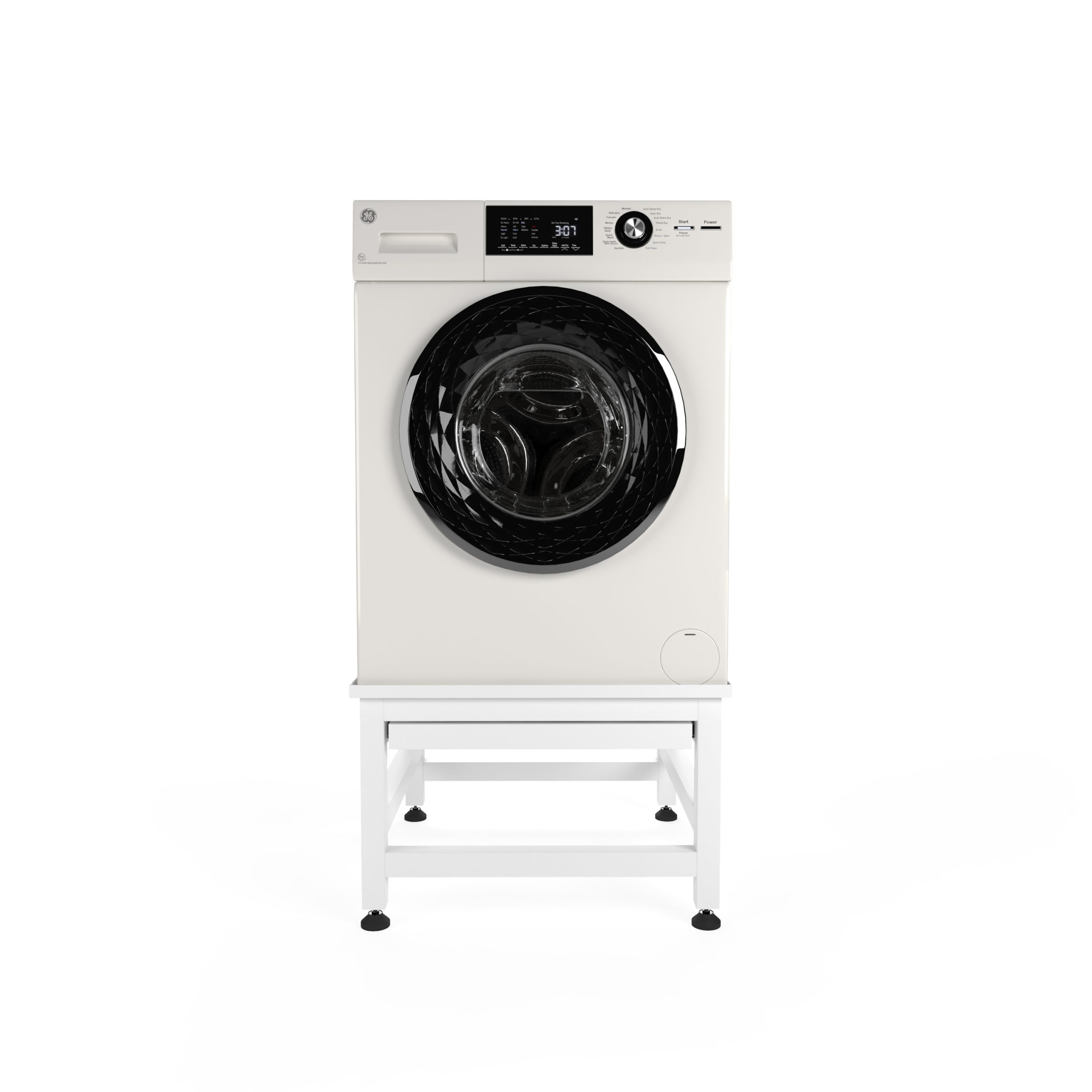 Een witte wasmachine met zwarte deur, op een witte standaard, tegen een witte achtergrond.