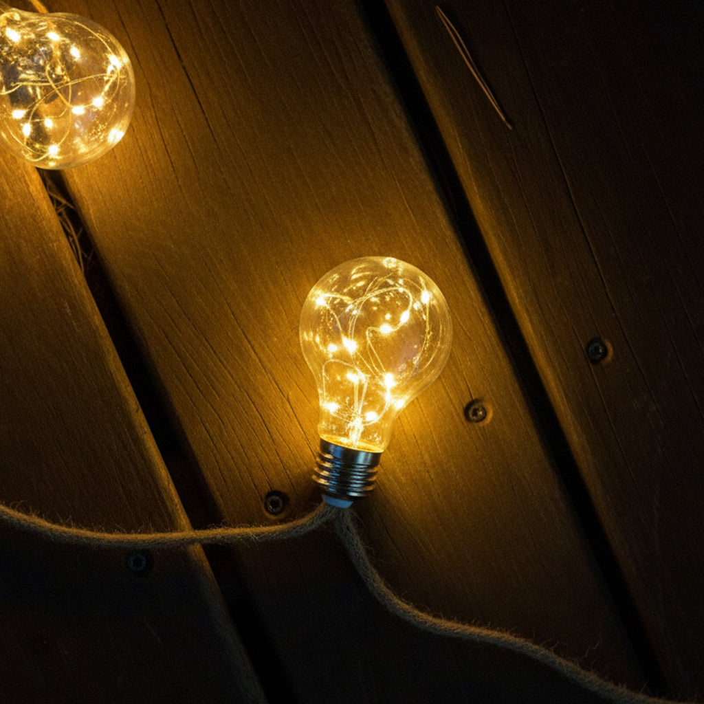 Glühbirne mit Lichterketten auf Holzplanken. Eine weitere Glühbirne im Hintergrund. Warmes gelbes Licht.