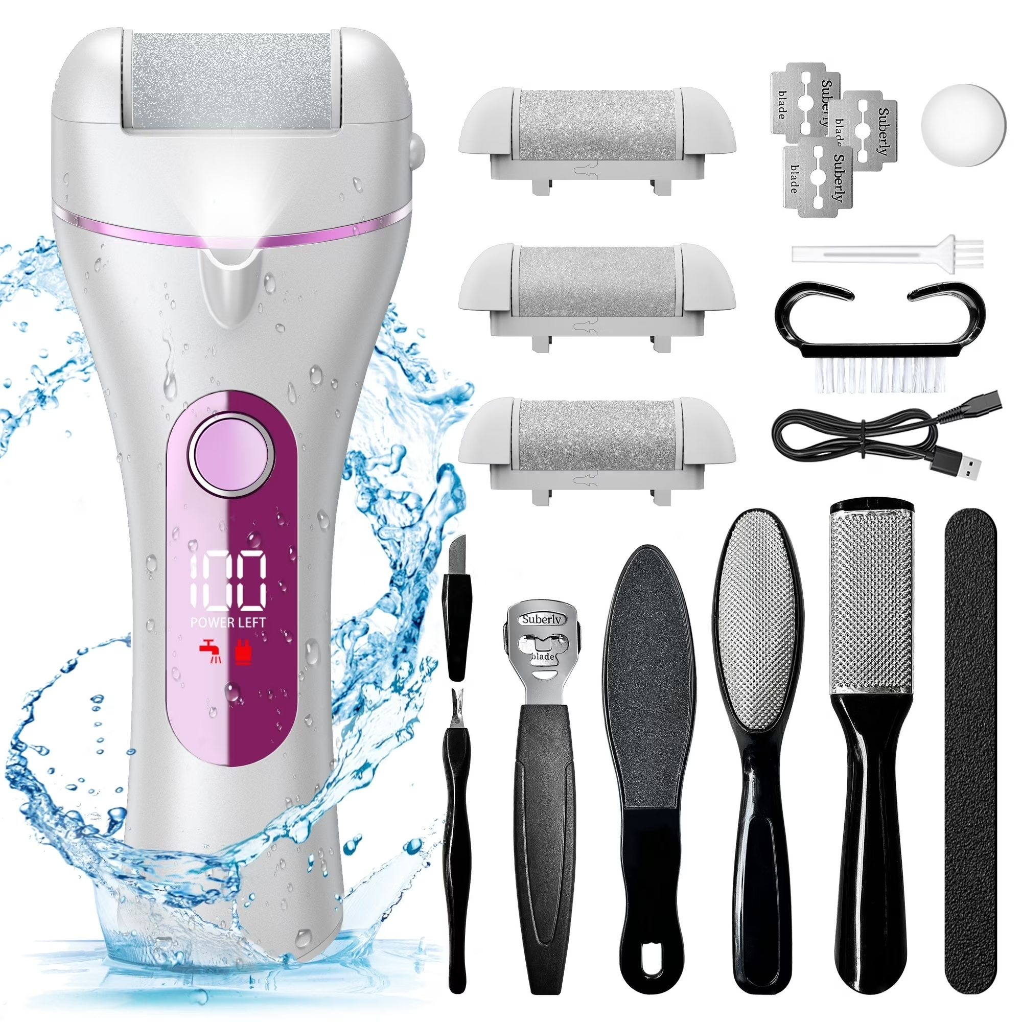 Fußpflege-Set mit weißem und rosa elektrischem Fußfeile, mehreren Aufsätzen, Klingen und Fußfeilen, mit Wasserspritzeffekt.