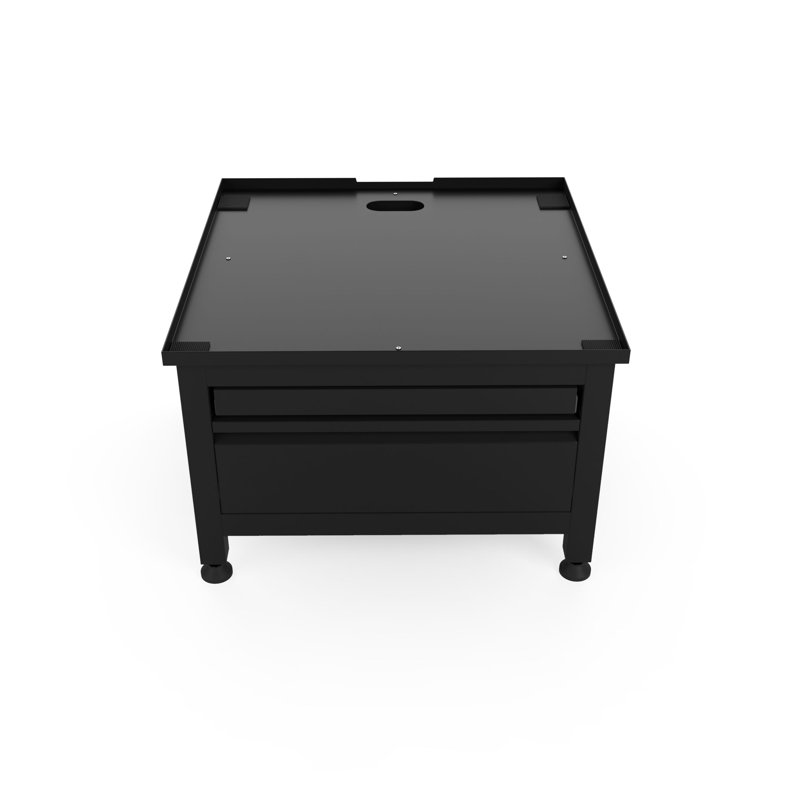 Een zwarte, vierkante buitentafel met twee laden, vier poten en een uitsparing aan de bovenkant.